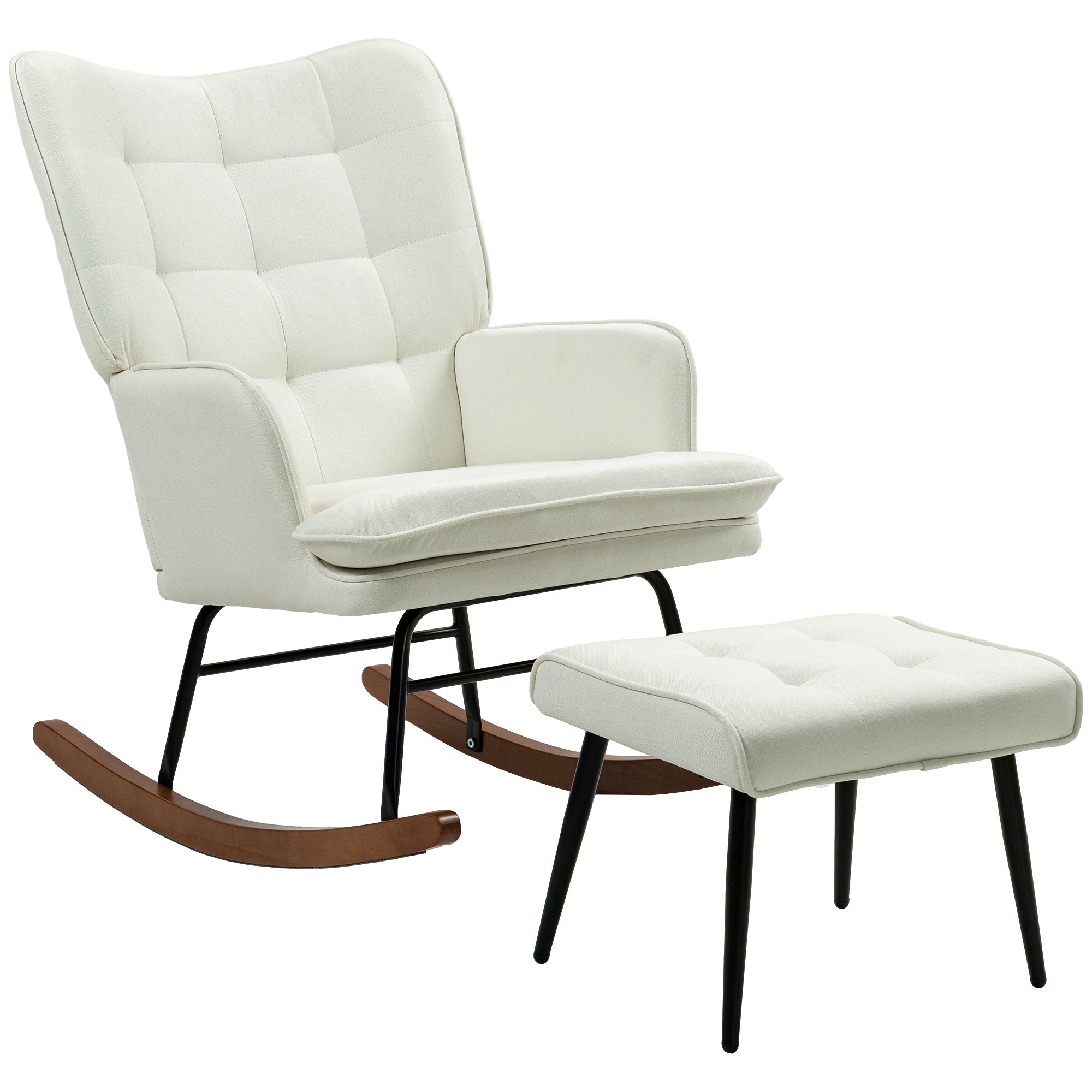 HOMCOM Schaukelstuhl mit Hocker, sanftes Schaukelsystem, Leinenimitat, 64 x 89 x 90 cm, Cremeweiß