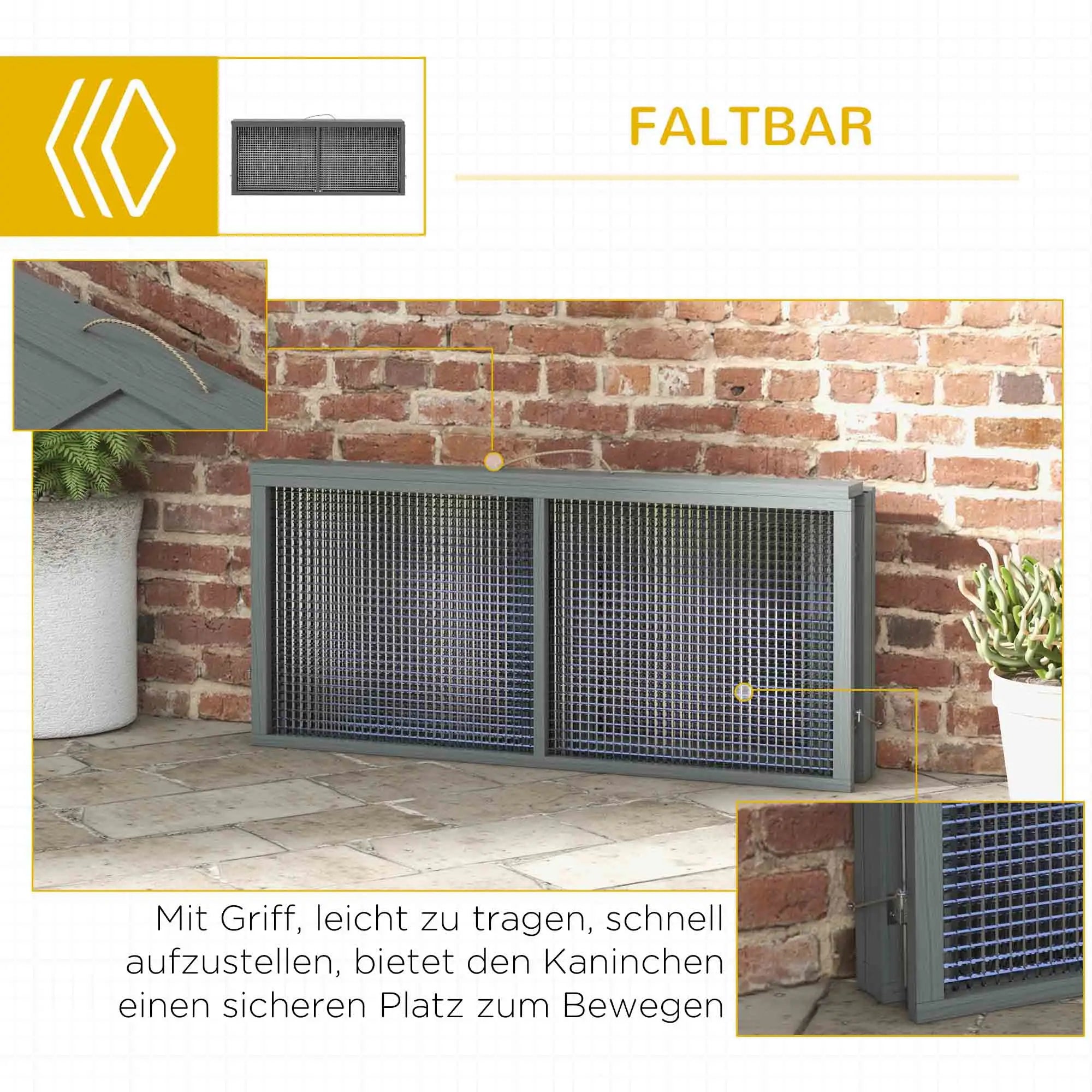 PawHut Klappbarer Kaninchenstall Grau aus Holz mit Freilauf & Dachgriff