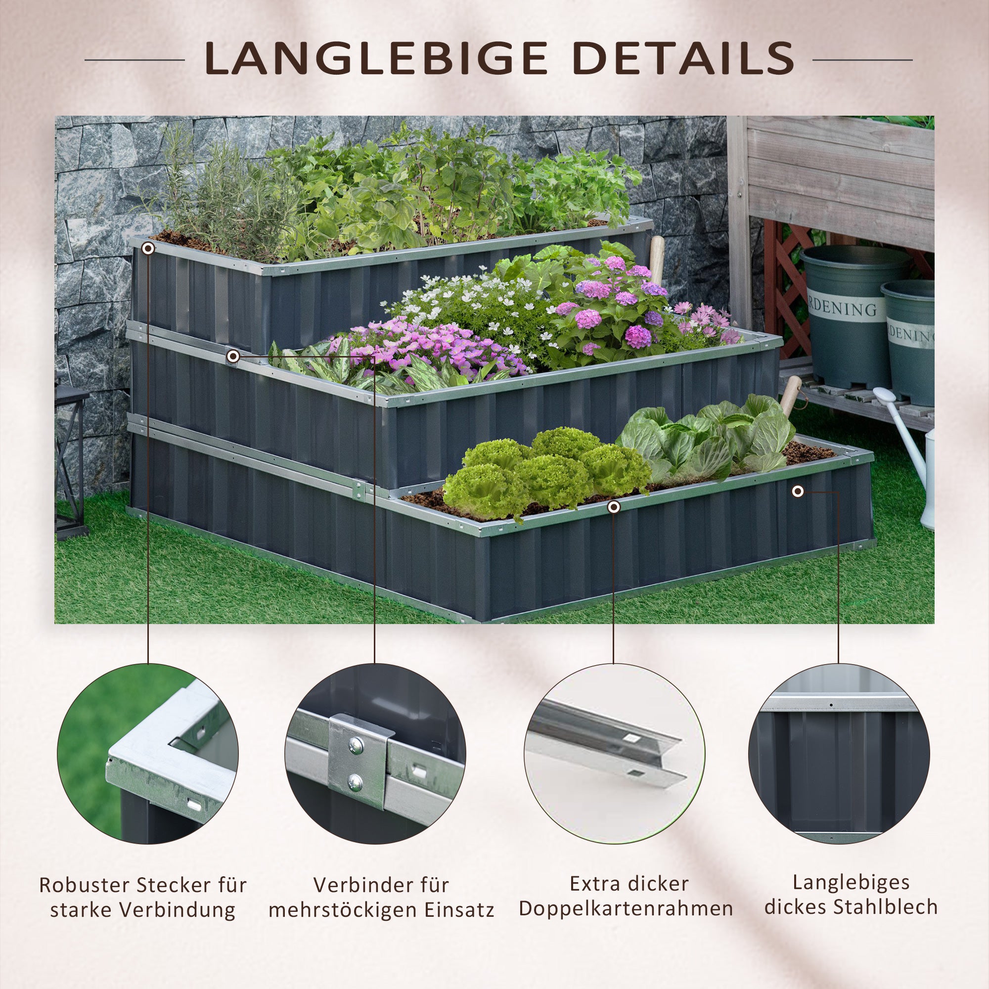 Outsunny Hochbeet aus Stahl 3-stufige Gartenbeet mit T-Form-Pflanzenschilder Handschuhe Pflanzenbeet Kräuterbeet Blumentreppe für Balkon Garten Dunkelgrau 118 x 118 x 62 cm