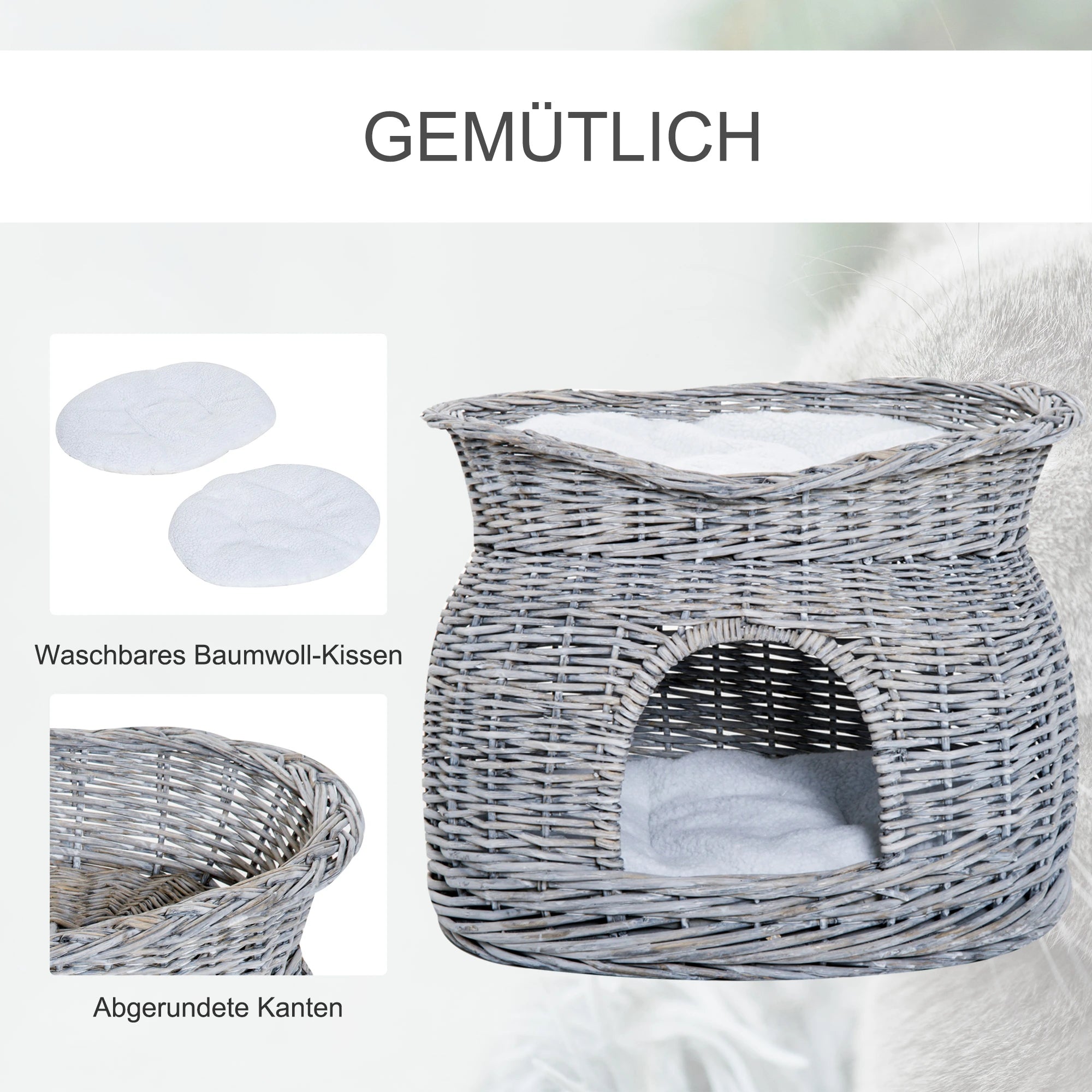 PawHut Rattan Weidenkorb für Katzen Katzenhütte mit 2 weichen Liegekissen Katzenkorb Haustierbett aus Wasserhyazinthe für Wohnzimmer Grau 56 x 37 x 40 cm