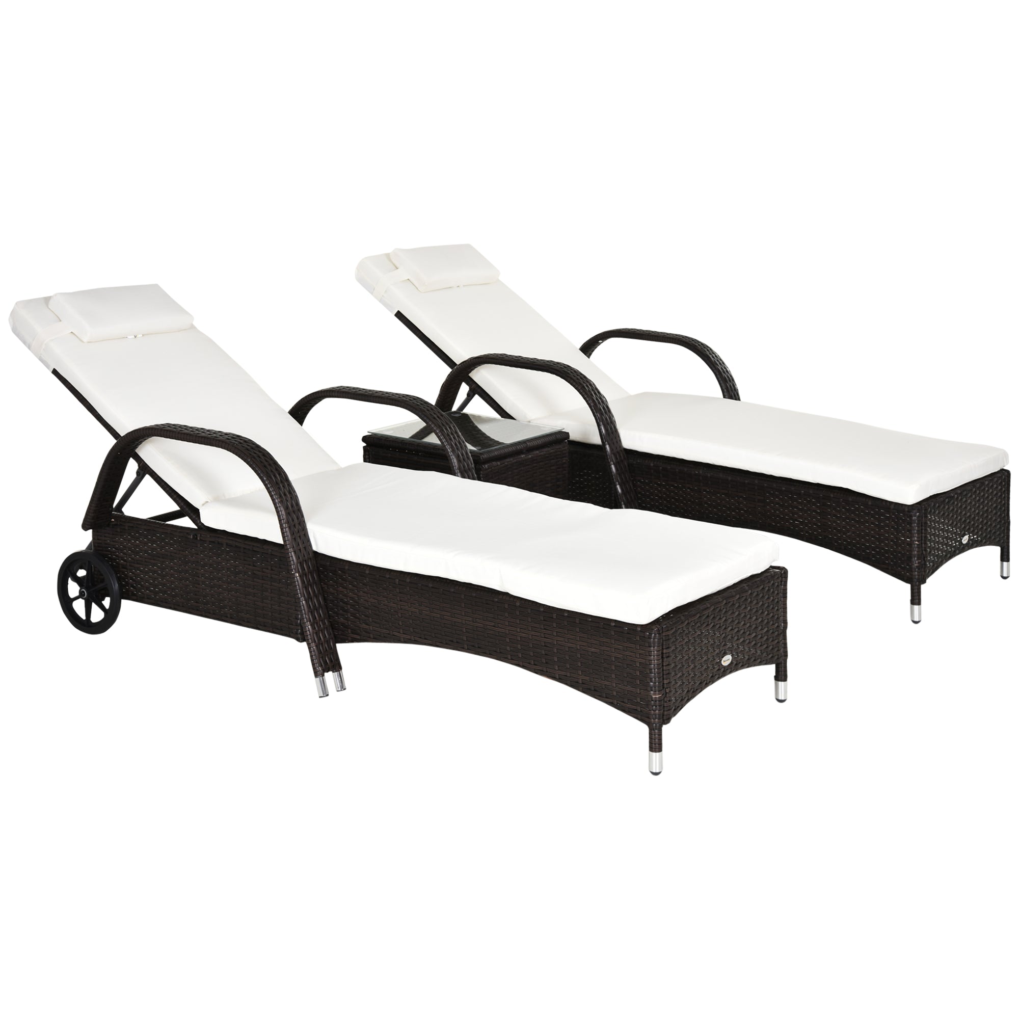 Outsunny Sonnenliegen-Set mit Rollen & Tisch Polyrattan Braun-Cremeweiß