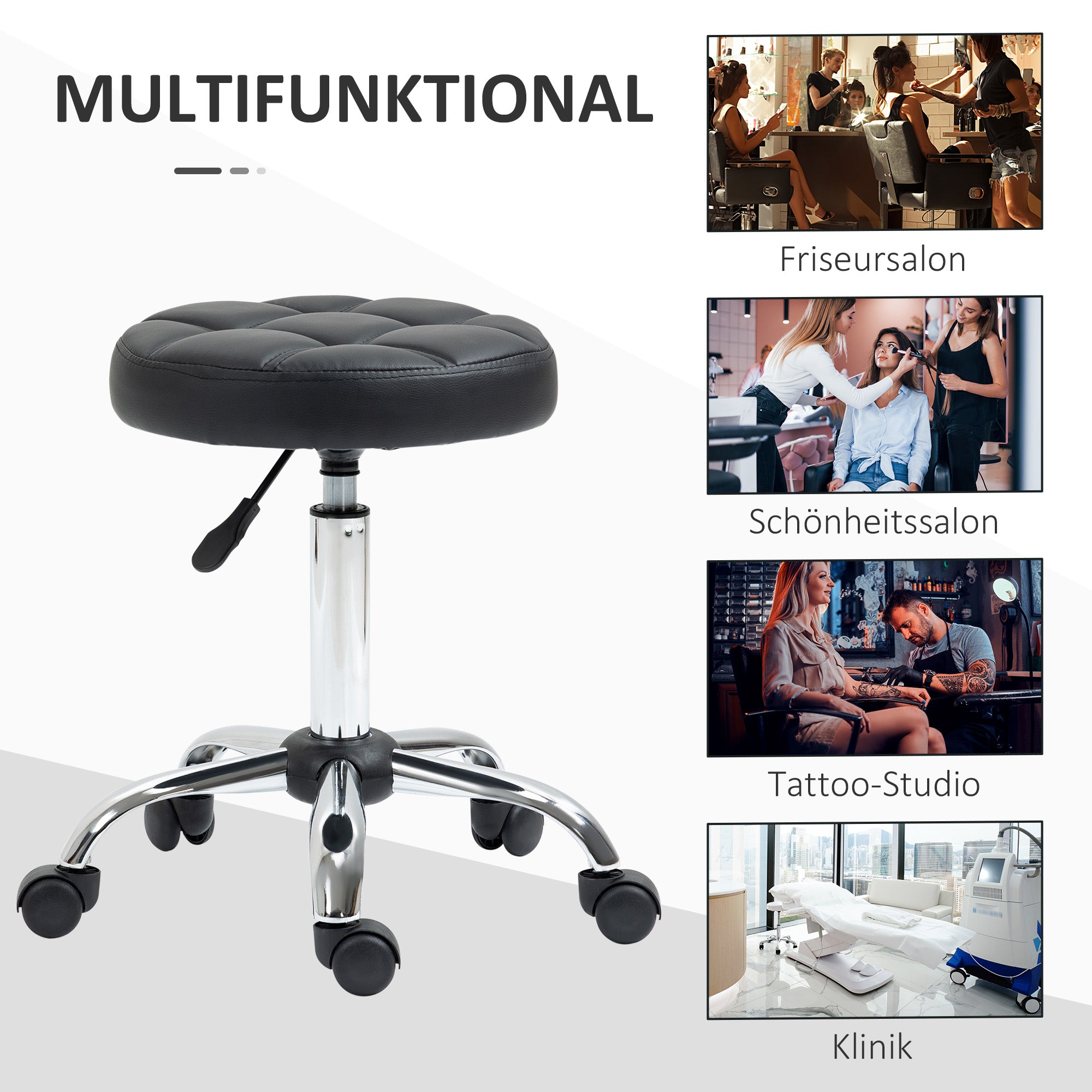HOMCOM 2er-Set Rollhocker höhenverstellbar, Drehhocker 48-63 cm, Arbeitshocker 360° drehbar, Bürohocker für Büro, Salon, Massage, Spa, Schwarz