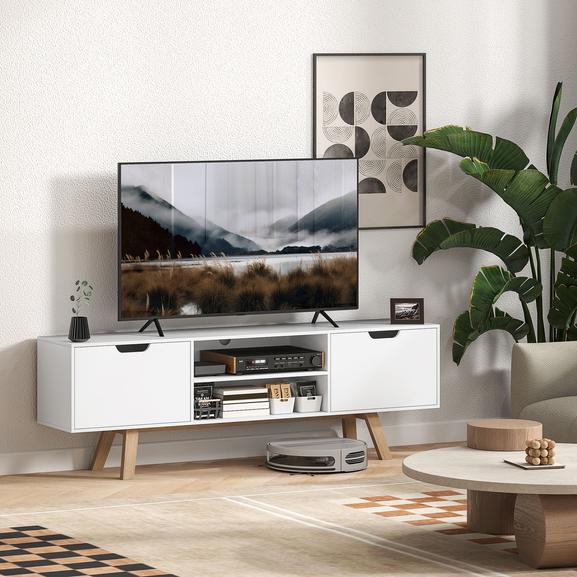 HOMCOM TV Lowboard 65 Zoll mit Kabelführung und 2 Schränken Weiß