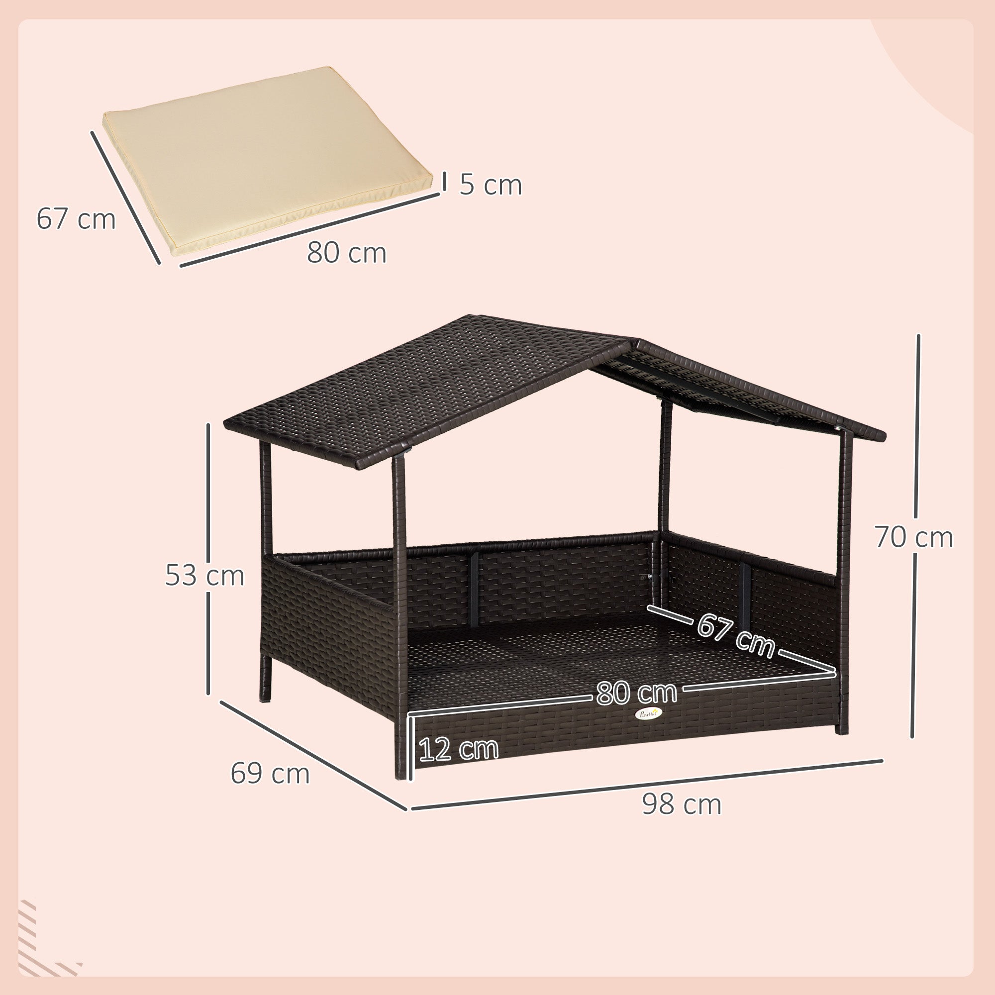 PawHut Rattan Hundeliege Outdoor mit Dach, Erhöhtes Hundebett für kleine und mittelgroße Hunde, Kühlendes Haustierliege mit Metallrahmen, Haustierbett für Draußen, 69 x 98 x 70 cm, Kaffee-Braun