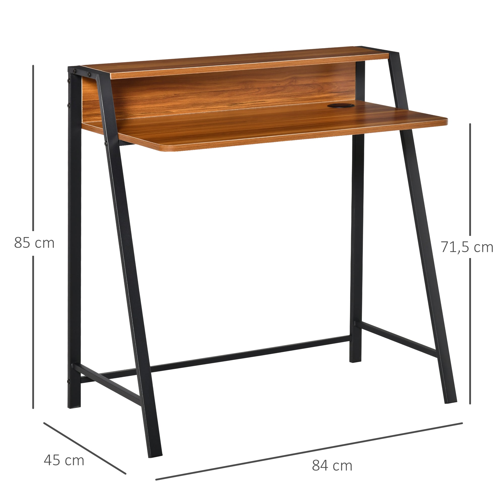 HOMCOM Schreibtisch, Computertisch mit Ablage und Kabel Management, moderner Schreibtisch mit Metallgestell für Arbeitszimmer, Schlafzimmer, Home Office, 84 x 45 x 85 cm, Walnuss+Schwarz