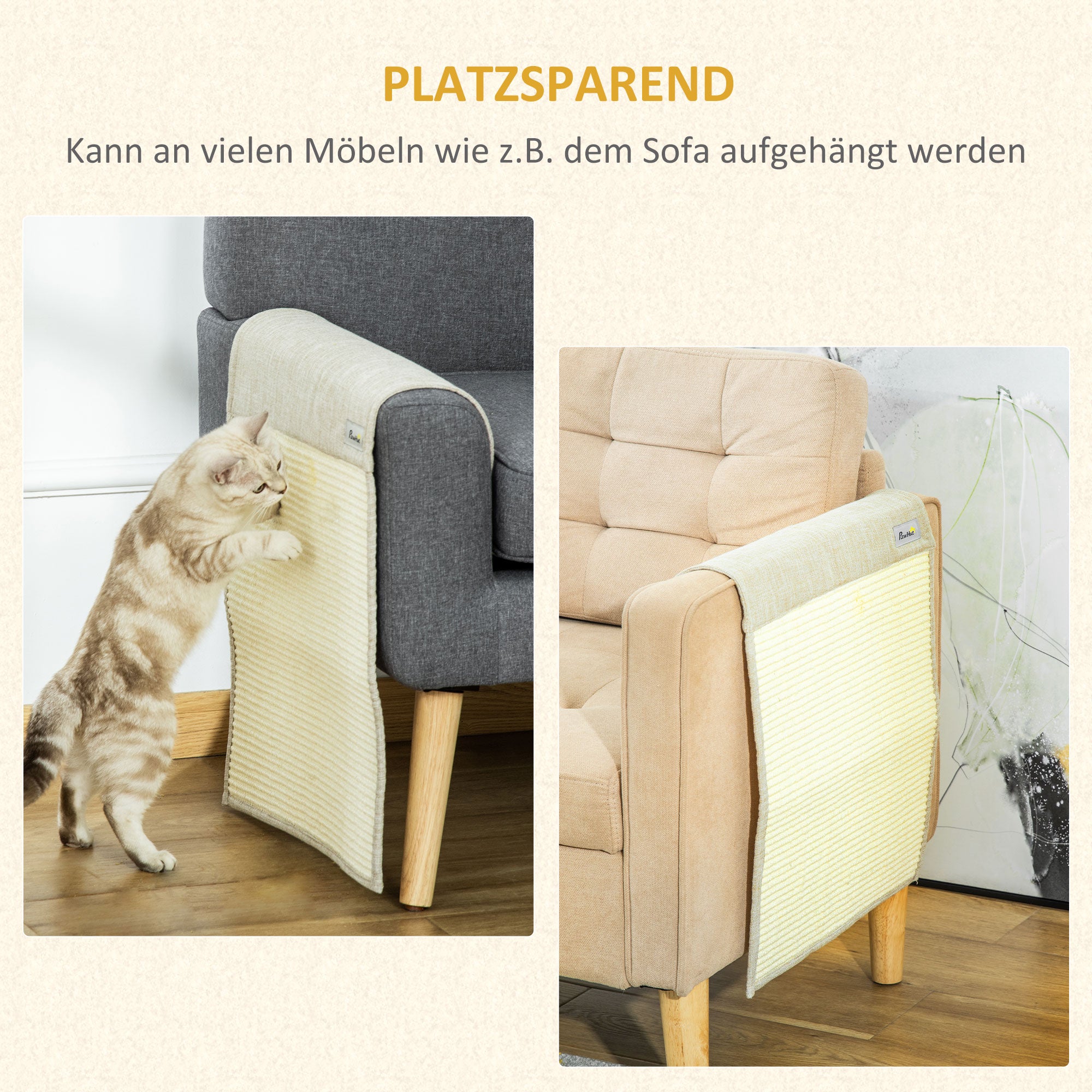 PawHut 2er Kratzmatte Kratzschutz Sofa Sisal Kratzteppich für Katze Sessel Couch Katzenkratzmatte Beige+Grau 130 x 45 x 0,3 cm