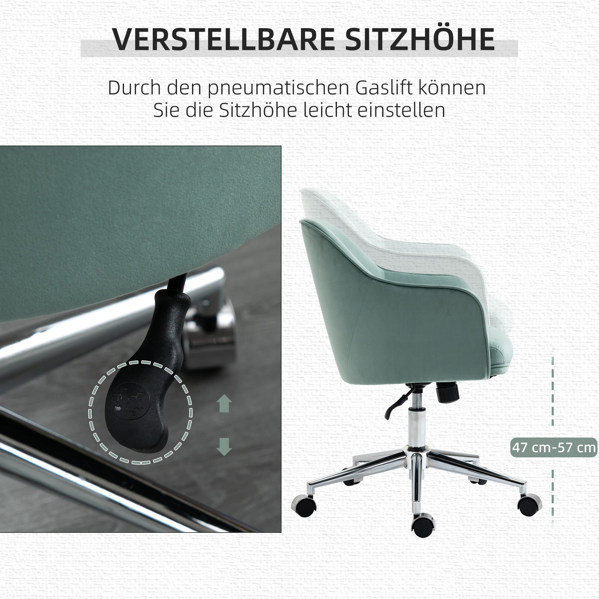Vinsetto Schreibtischstuhl mit Knopfheftung, höhenverstellbar, Wippfunktion, Samtoptik, 61 cm x 59 cm x 90,5 cm, Türkis