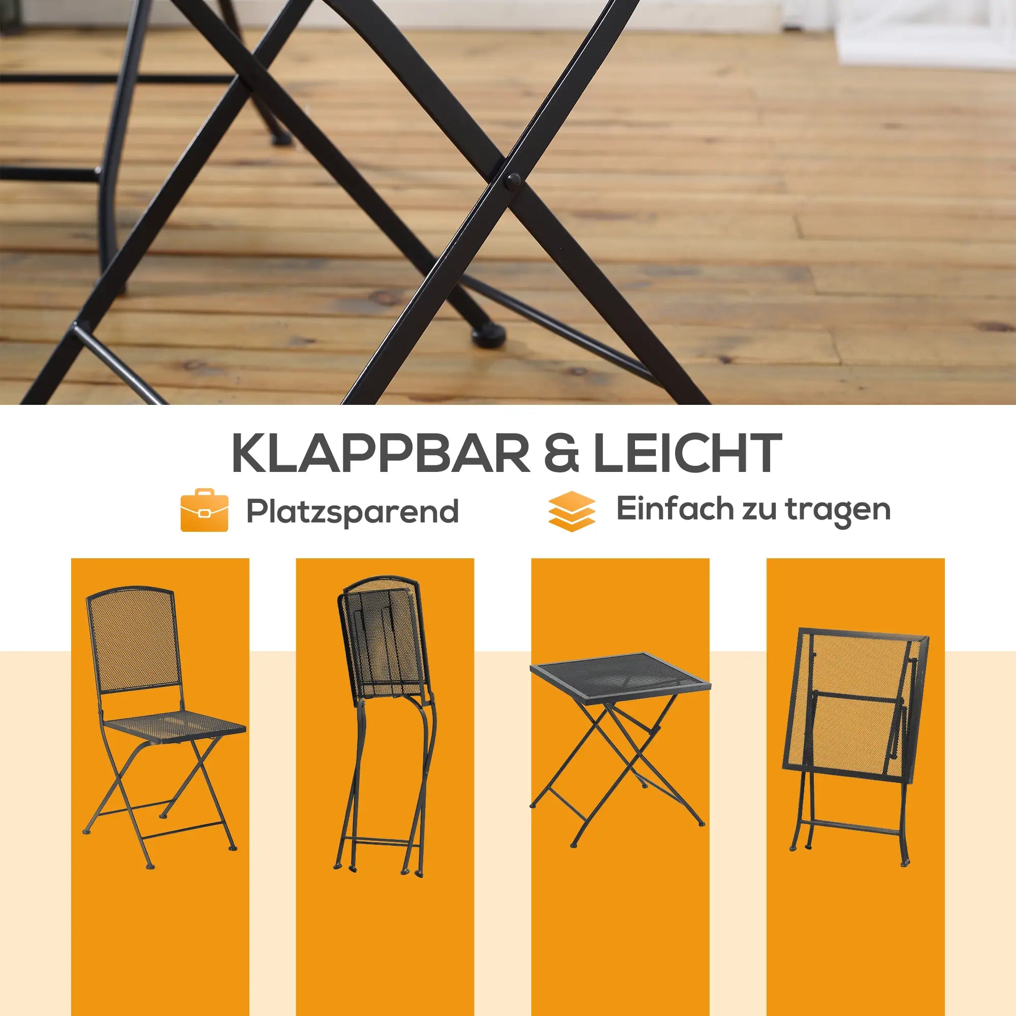 Outsunny Garten Sitzgruppe für 2 Personen Bistro-Set Garnitur 1 Tisch+2 faltbare Stühle für Terrasse Balkon Metall Grau