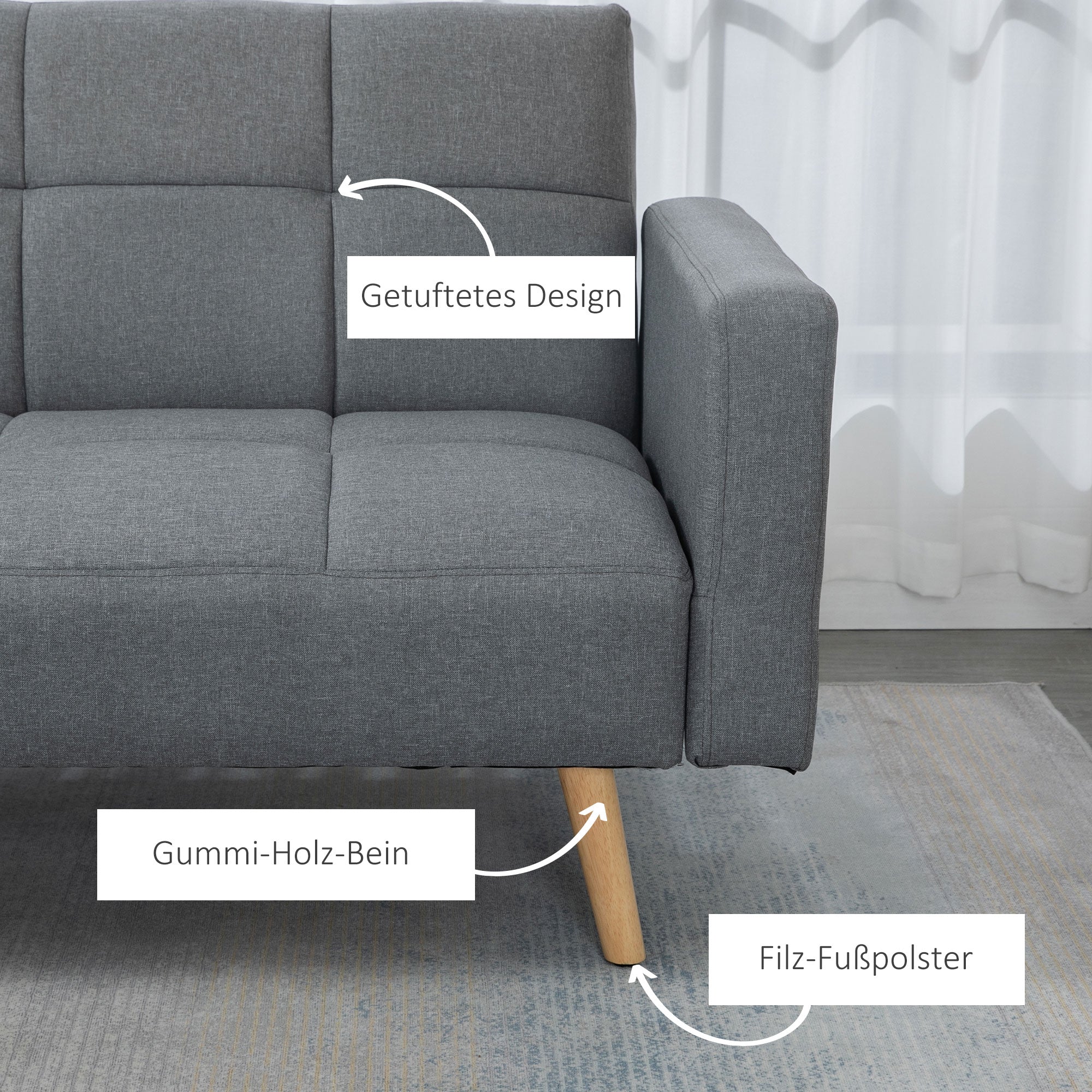 HOMCOM 2 in 1 Schlafsofa 205 x 88 cm Sofa mit Bettfunktion, Couch mit Sitzkissen, Leinenoptik Grau