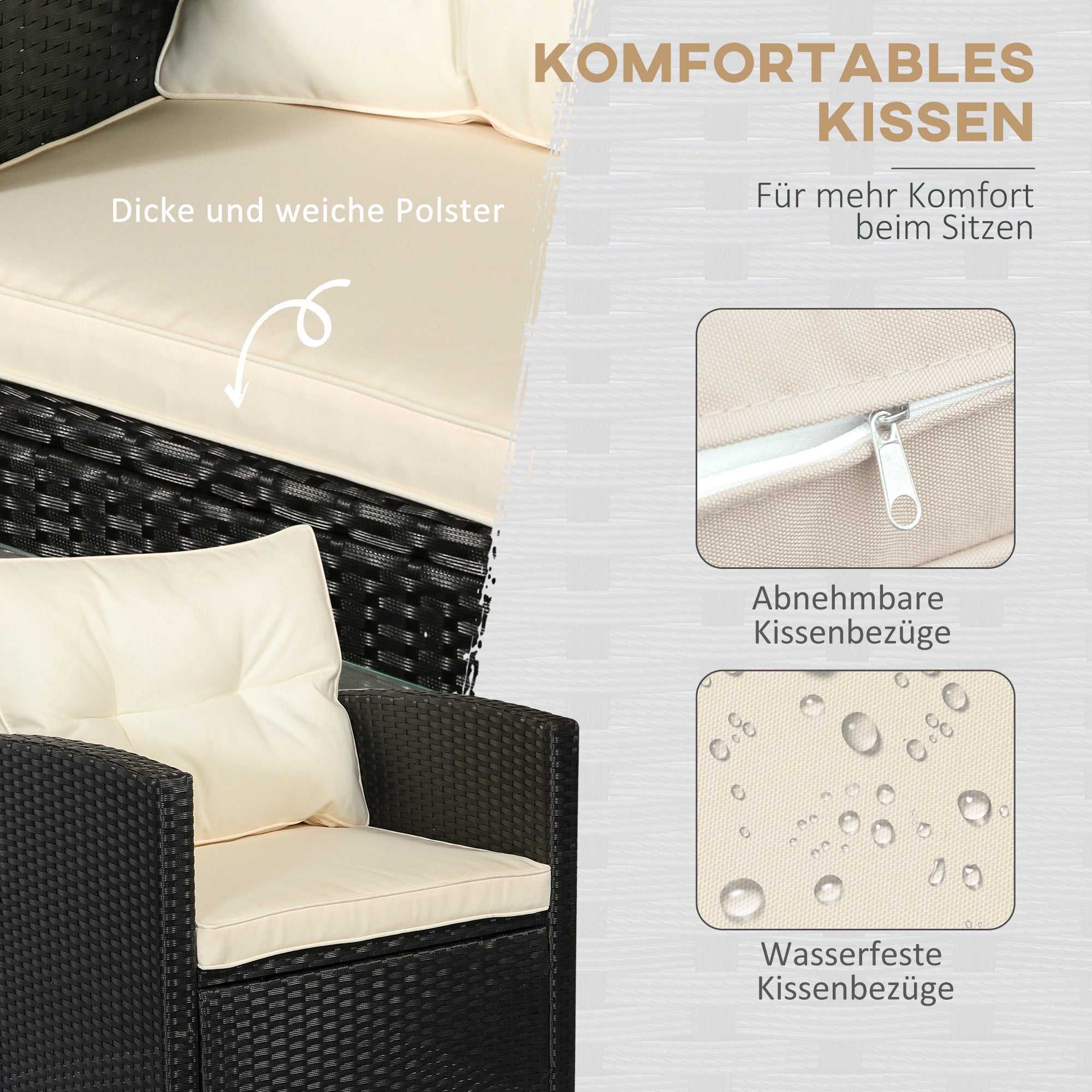Outsunny Gartenmöbel-Set, 4-tlg., 3 Sofas, Beistelltisch, Sitzkissen, Alurahmen, Kunstrattan, Schwarz