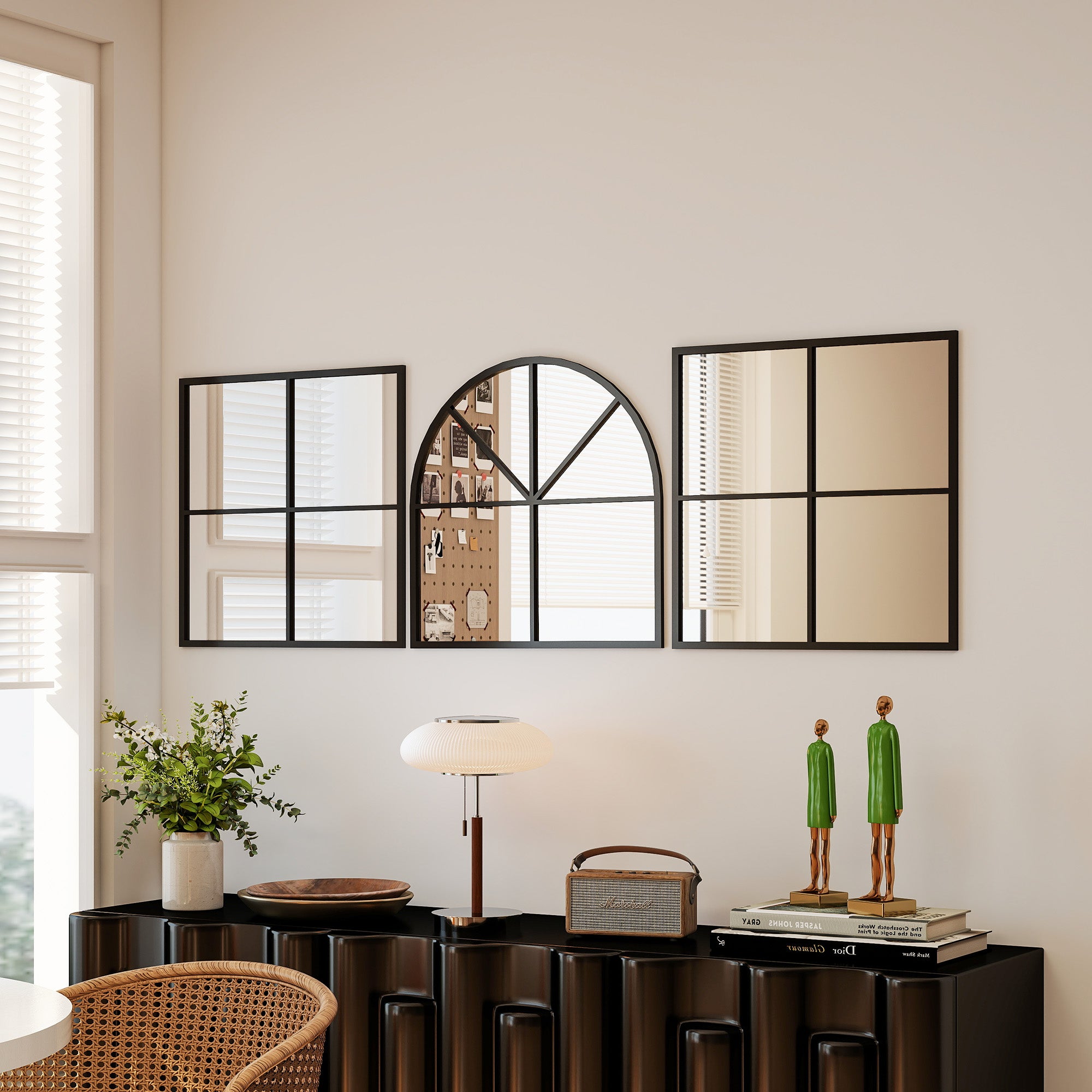 HOMCOM Wandspiegel dreiteilig, bogenförmiger Spiegel mit Metallrahmen, dekorativ 60 x 2 x 180 cm Schwarz