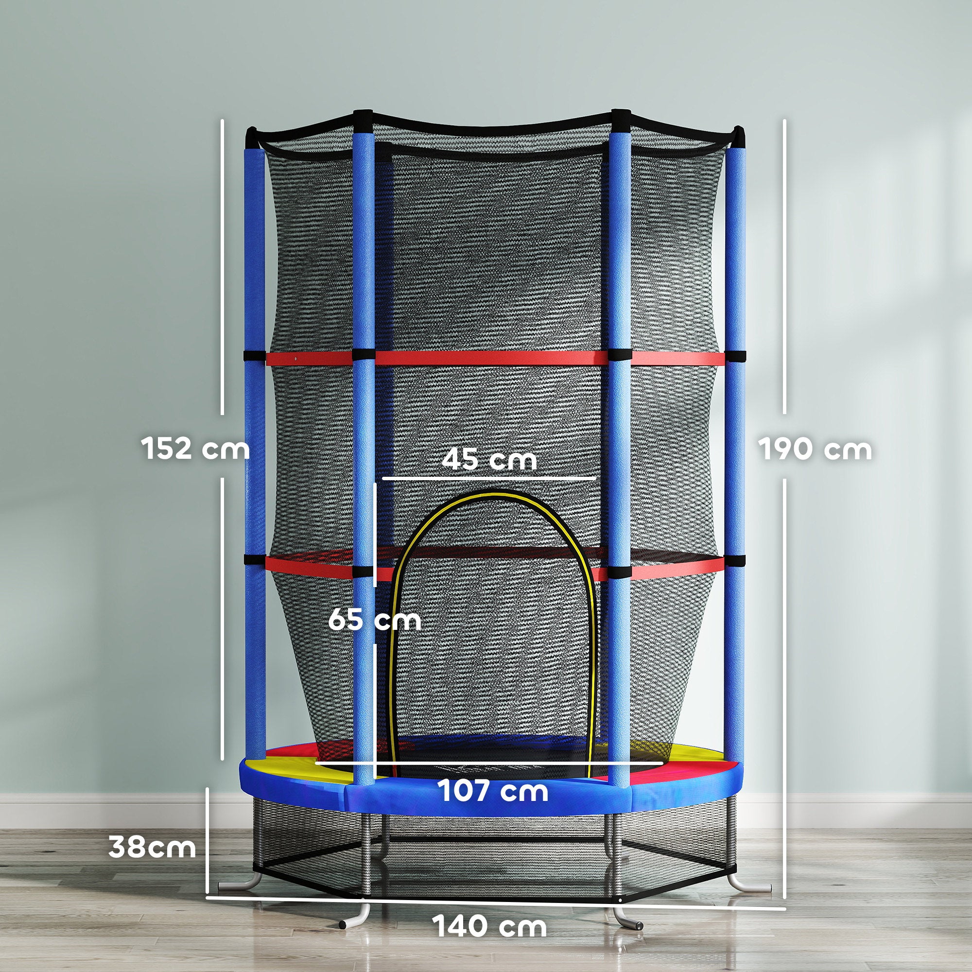 HOMCOM Kindertrampolin, Sicherheitsnetz, Gummifederung, bis 45 kg, Stahlgestell, Ø140x160cm, Bunt
