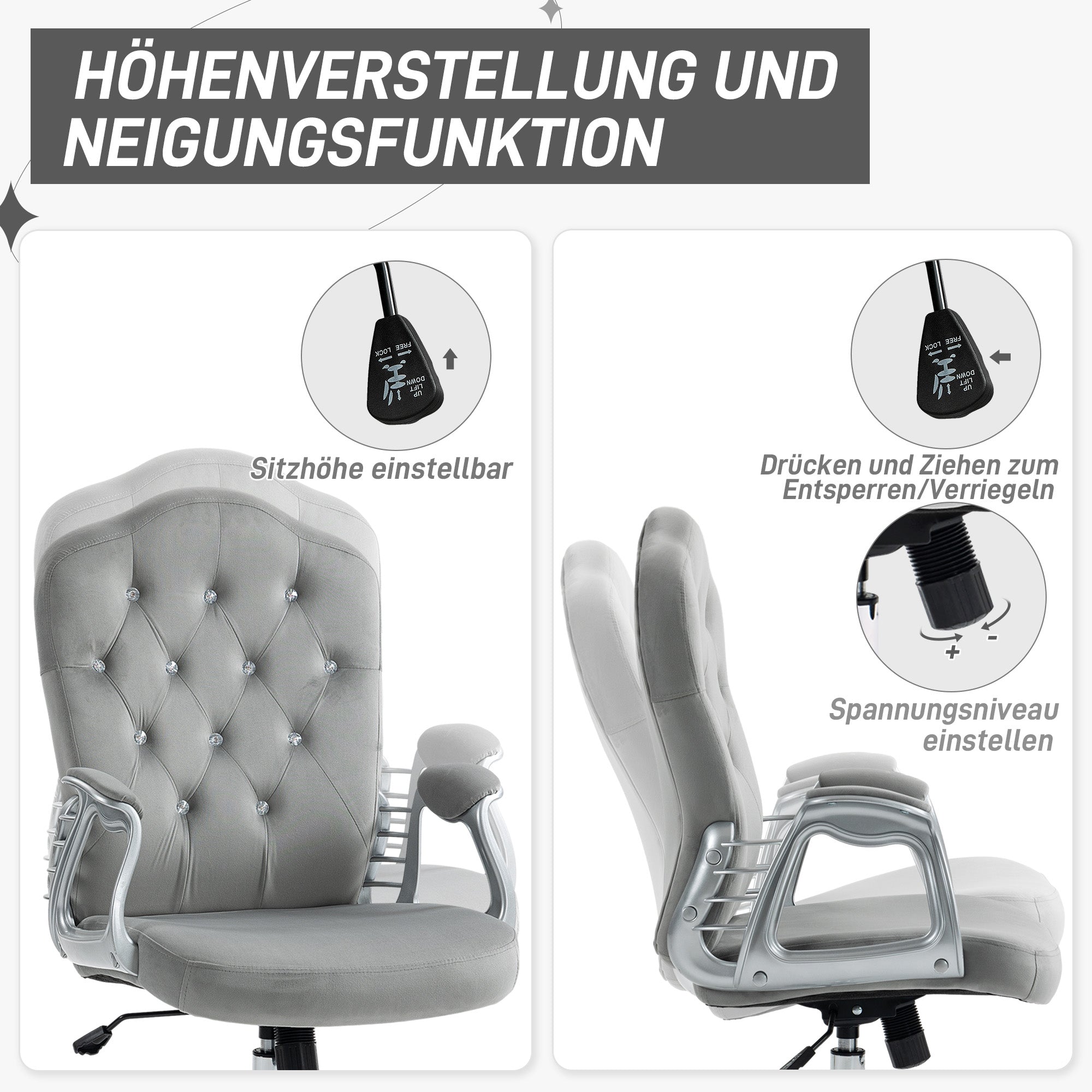 Vinsetto Bürostuhl, Wippfunktion, höhenverstellbar, Samtoptik, bis 120 kg, Hellgrau
