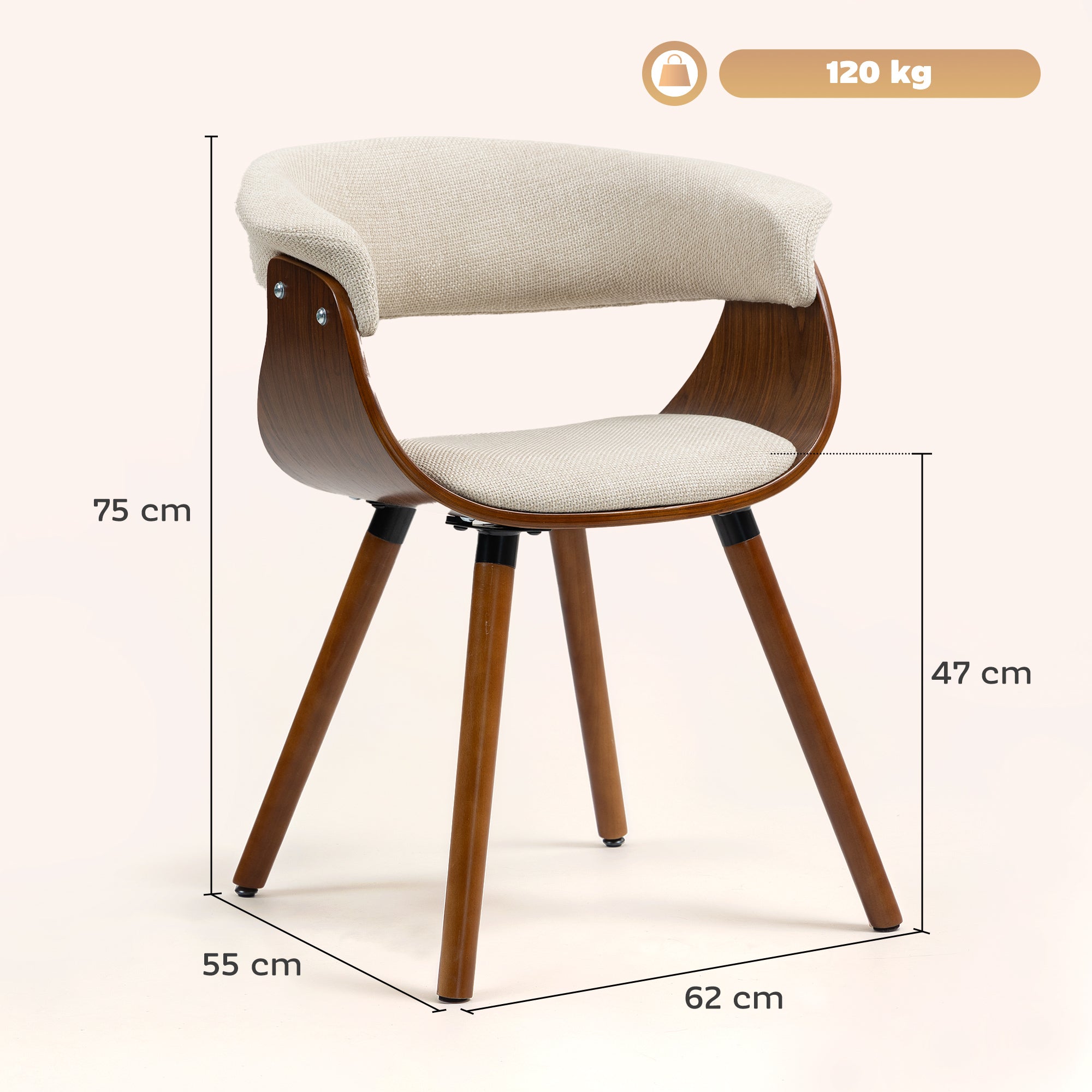 HOMCOM Esszimmerstuhl, Stoff in Leinenoptik, gebogene Rückenlehne, Holzbeine, Beige