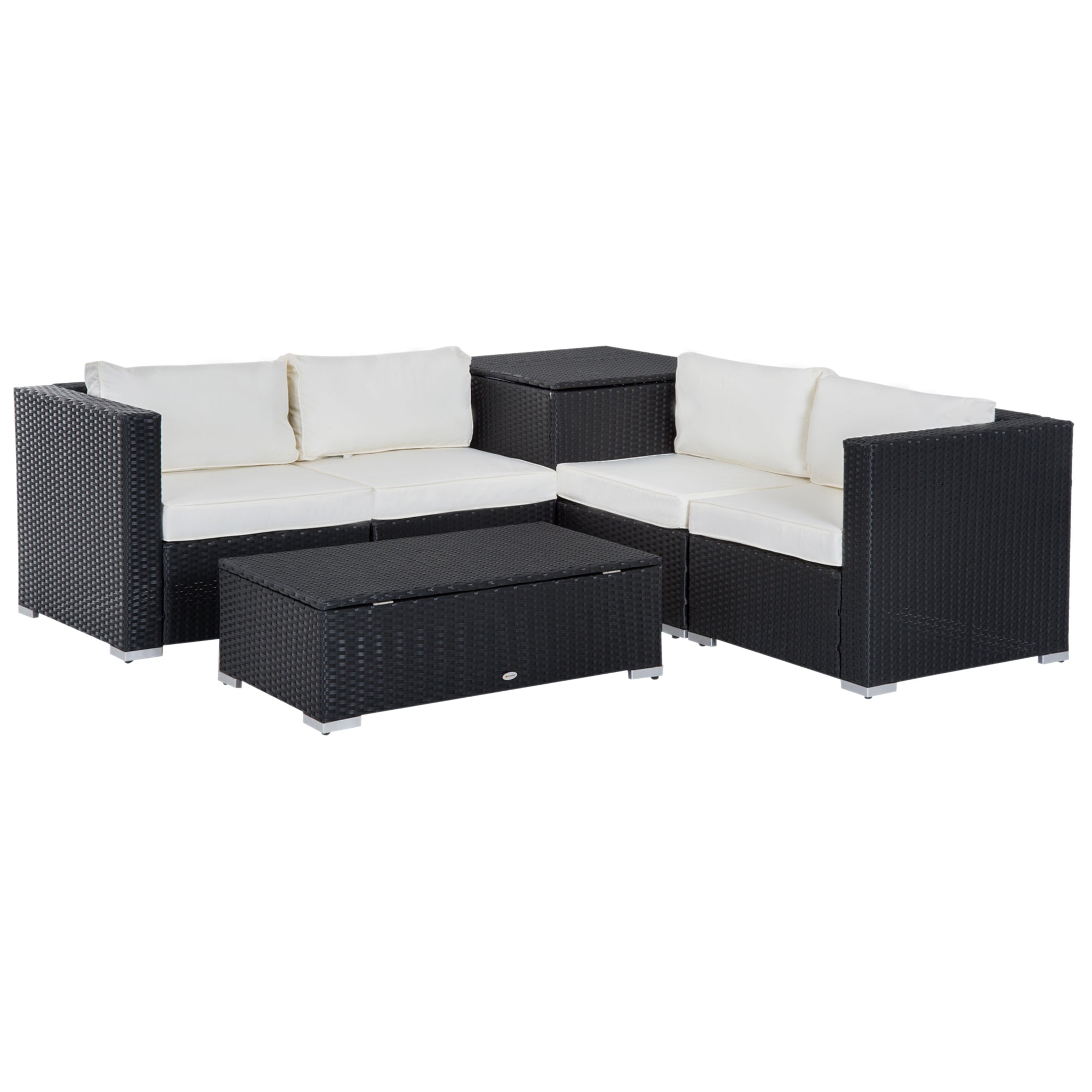 Outsunny Polyrattan Gartenmöbel Set für 4 Personen Sitzgarnitur mit Kissen Sitzgruppe Tisch mit Stauraum Schwarz+Creme