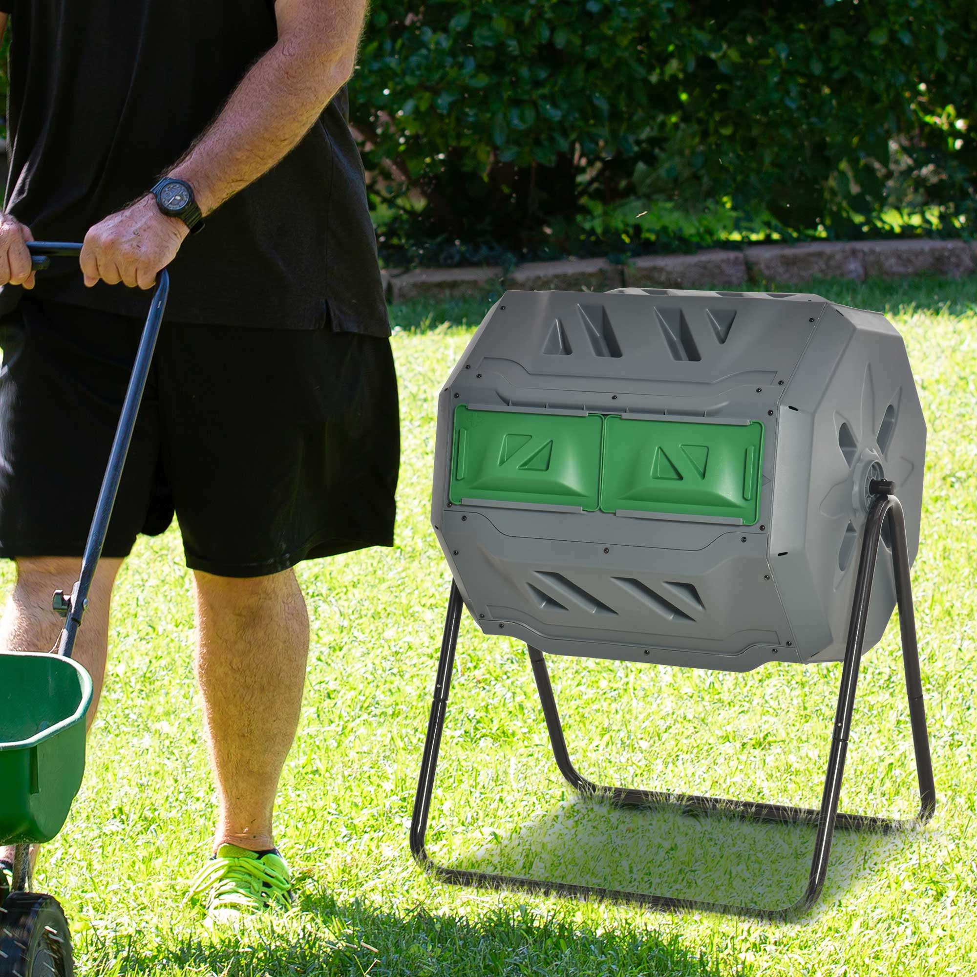 Outsunny Kompostbehälter mit 2 Behältern, 160 L Fassungsvermögen, drehbar, 71 cm x 65 cm x 96 cm, Grau + Grün + Schwarz
