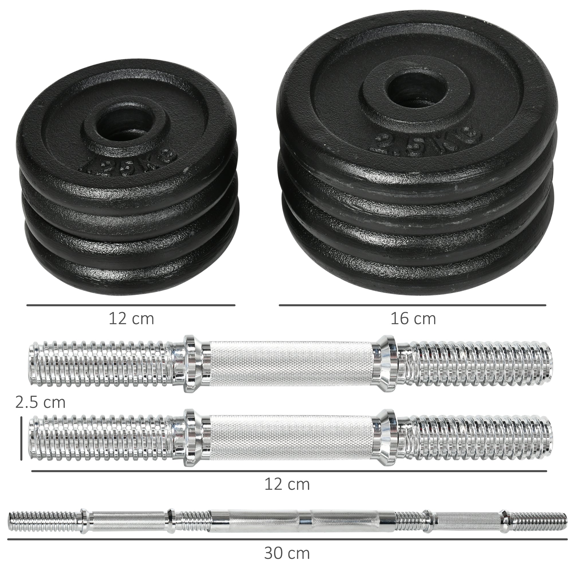 HOMCOM Kurzhantel, Langhantel, 2-in-1, 20 kg, 8 Hantelscheiben, rostfrei, Eisen, schwarz, 95 x 16 x 16Hcm