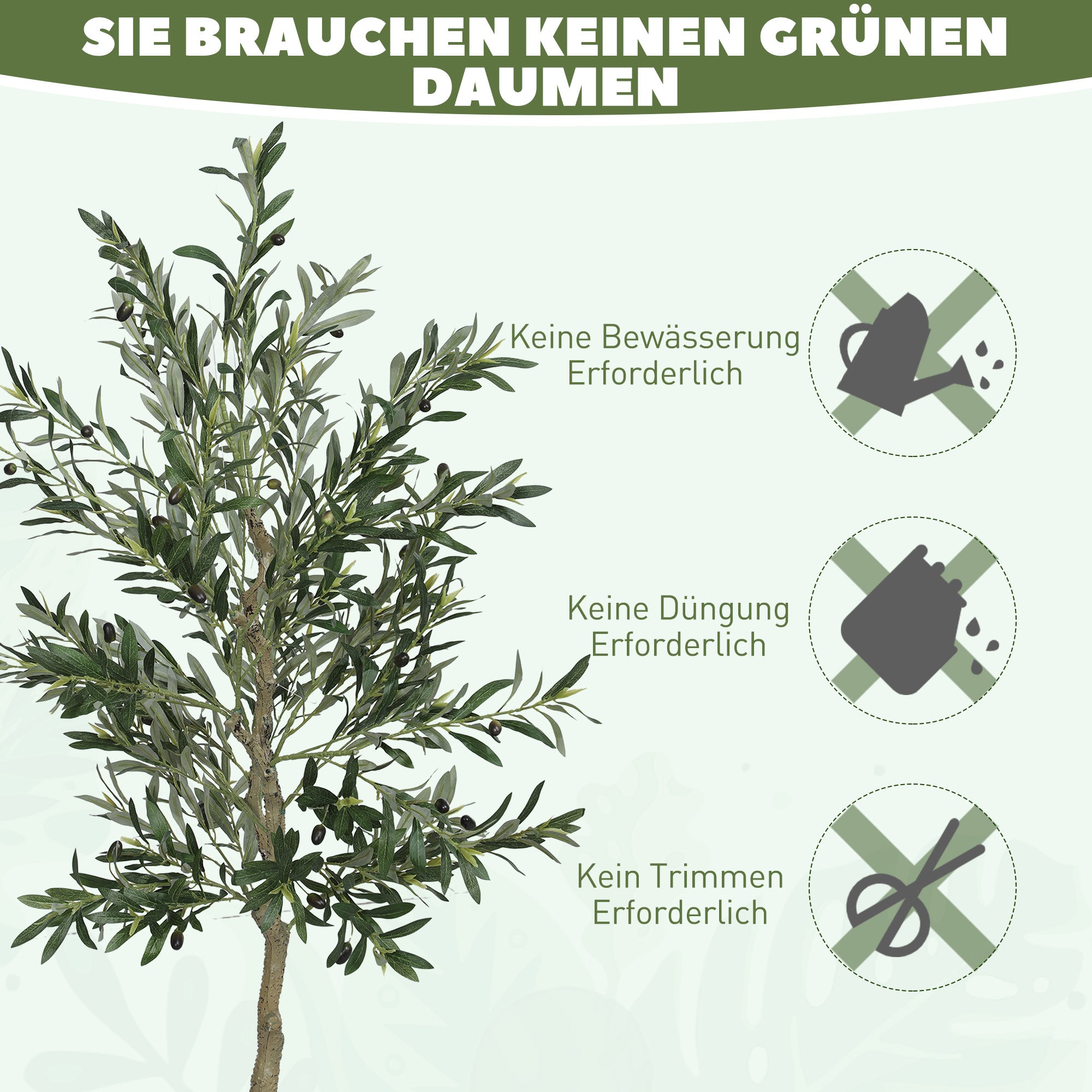 HOMCOM Kunstpflanze, Künstlicher Olivenbaum, 180 cm, 900 Blätter, 40 Oliven, stabiler Blumentopf, Dekorationspflanze, Grün