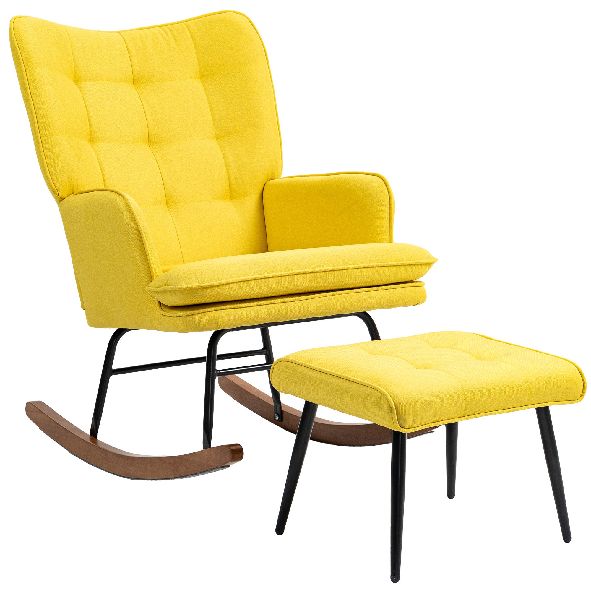 HOMCOM Schaukelstuhl mit Ottomane Skandidesign Schaukelstuhl mit Fußhocker, Buchenholz, Steppung, 64 cm x 89 cm x 90 cm Gelb