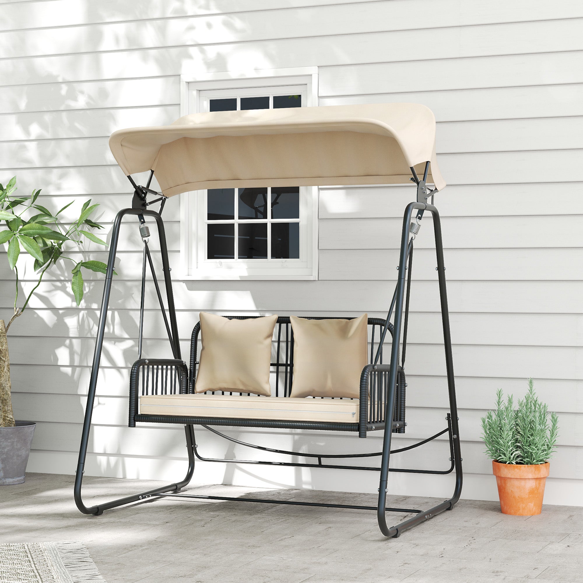 Outsunny Hollywoodschaukel Rattan 2-Sitzer Gartenschaukel mit Sonnendach Kissen bis 240 kg 149 x 121 x 180 cm Khaki