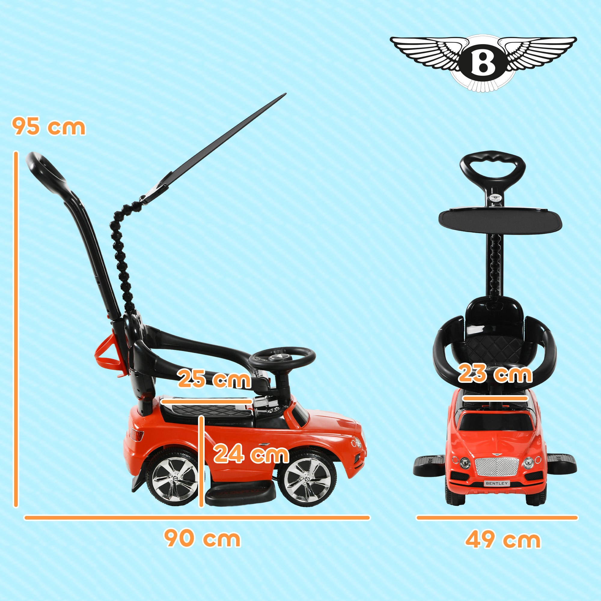 AIYAPLAY 3-in-1 Rutschauto, abnehmbare Schiebestange, Hupe, Musik, Stauraum, für 1-3 Jahre, Rot