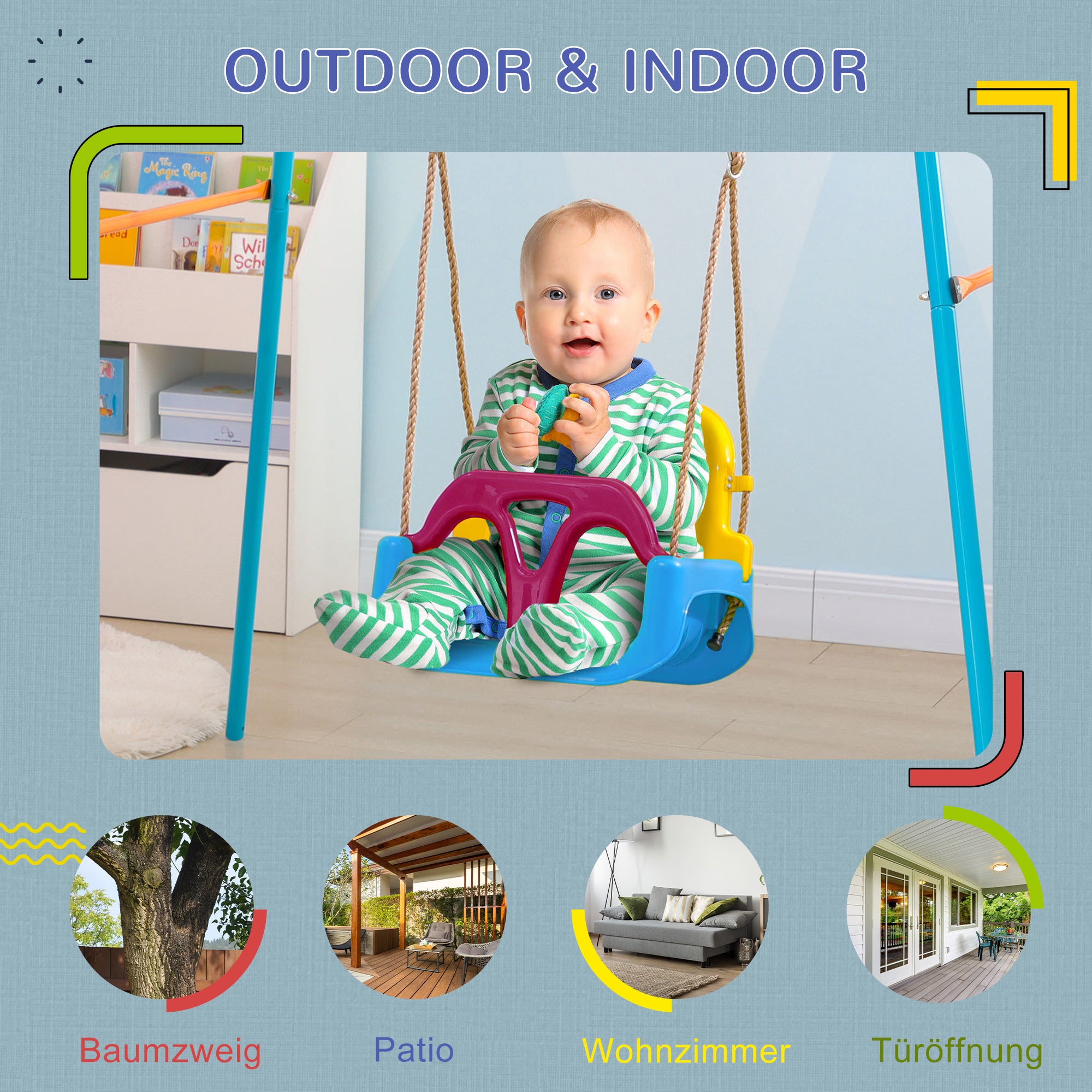 Outsunny 3-in-1 Kinderschaukel, höhenverstellbar, abnehmbare Rücklehne, für In- und Outdoor, blau+gelb, 42 x 33 x 180 cm
