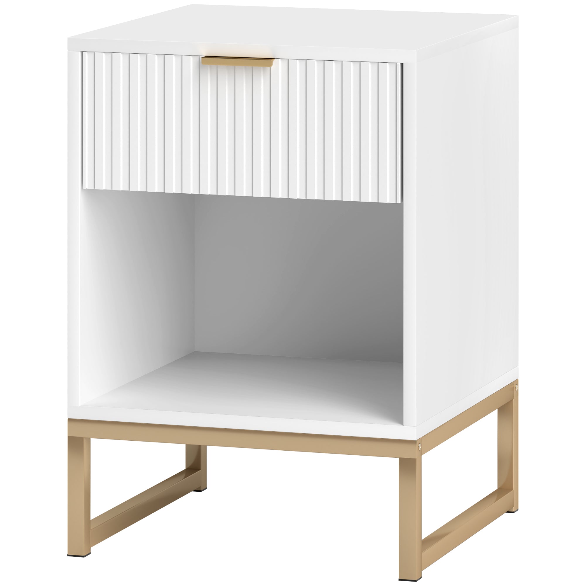 HOMCOM Nachttisch mit Schublade und Regal, Stauraum und Metallbeinen, für Schlafzimmer, Wohnzimmer, Weiß