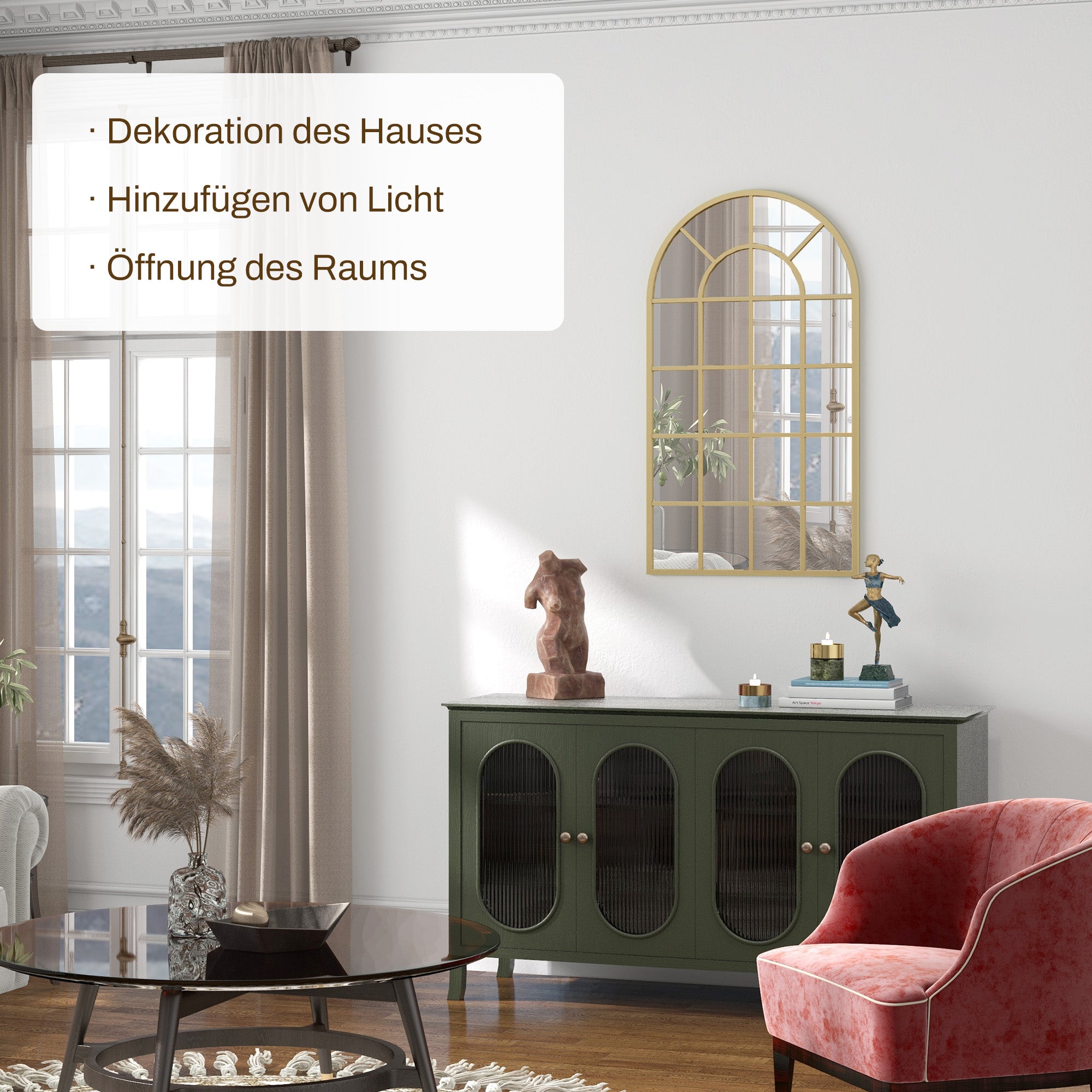 HOMCOM Wandspiegel, Fenster-Design, Flurspiegel, Metallrahmen, 110 x 65 cm, Gold