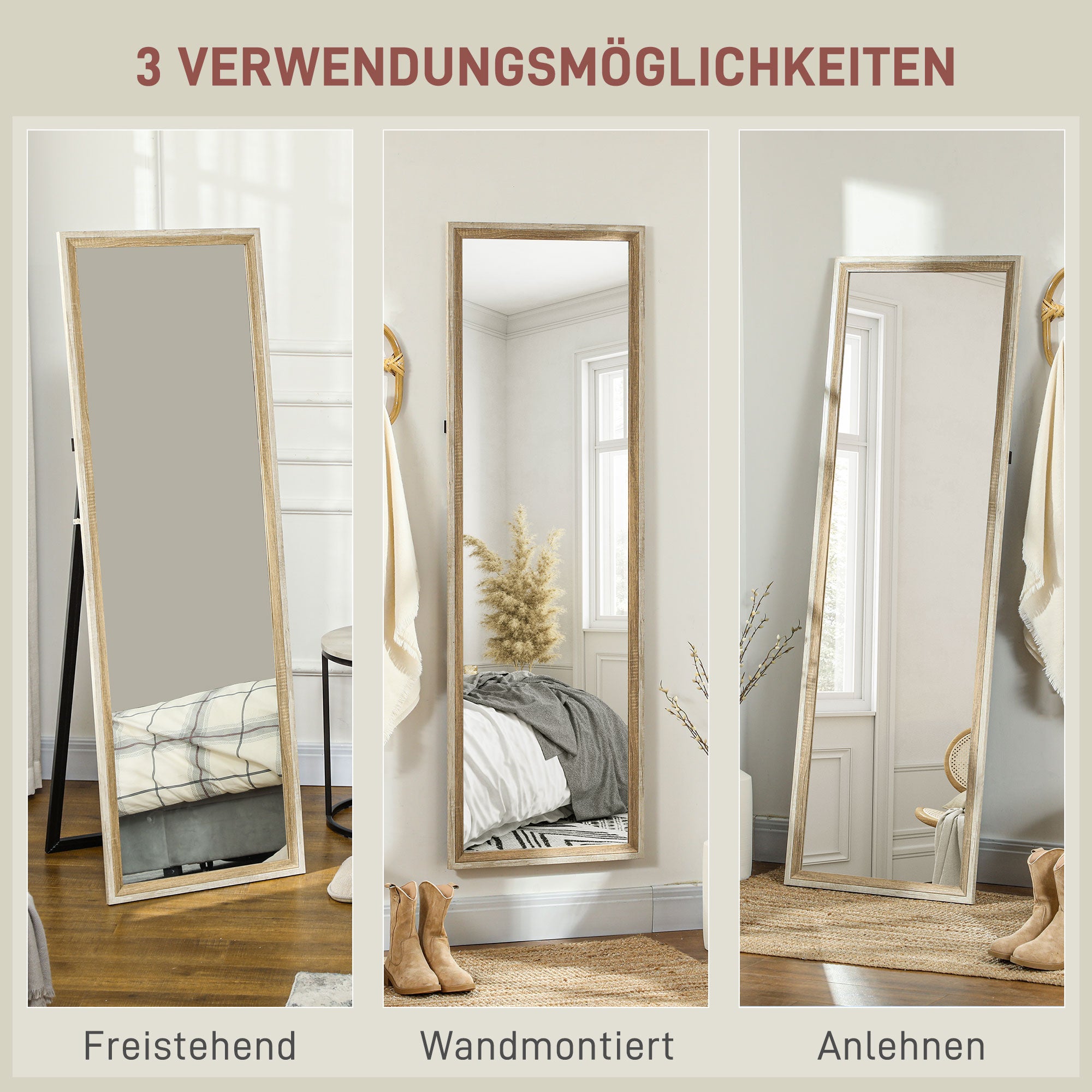 HOMCOM Ganzkörperspiegel, MDF-Rahmen, splitterfreie Folie, 162,6 x 53,3 cm, Naturholz