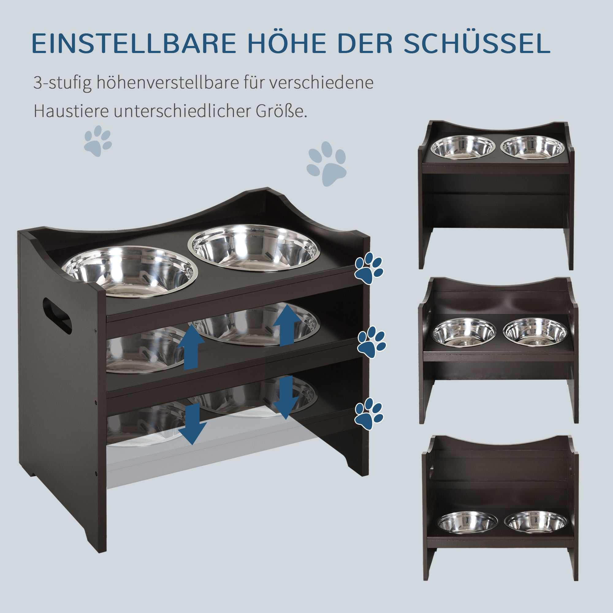 PawHut Futternapf Höhenverstellbar, Erhöhtes Futterstation mit 2L Futterschale aus Edelstahl, mit Futterständer, Griff, Hundebar für alle Hundegrößen, Kaffee