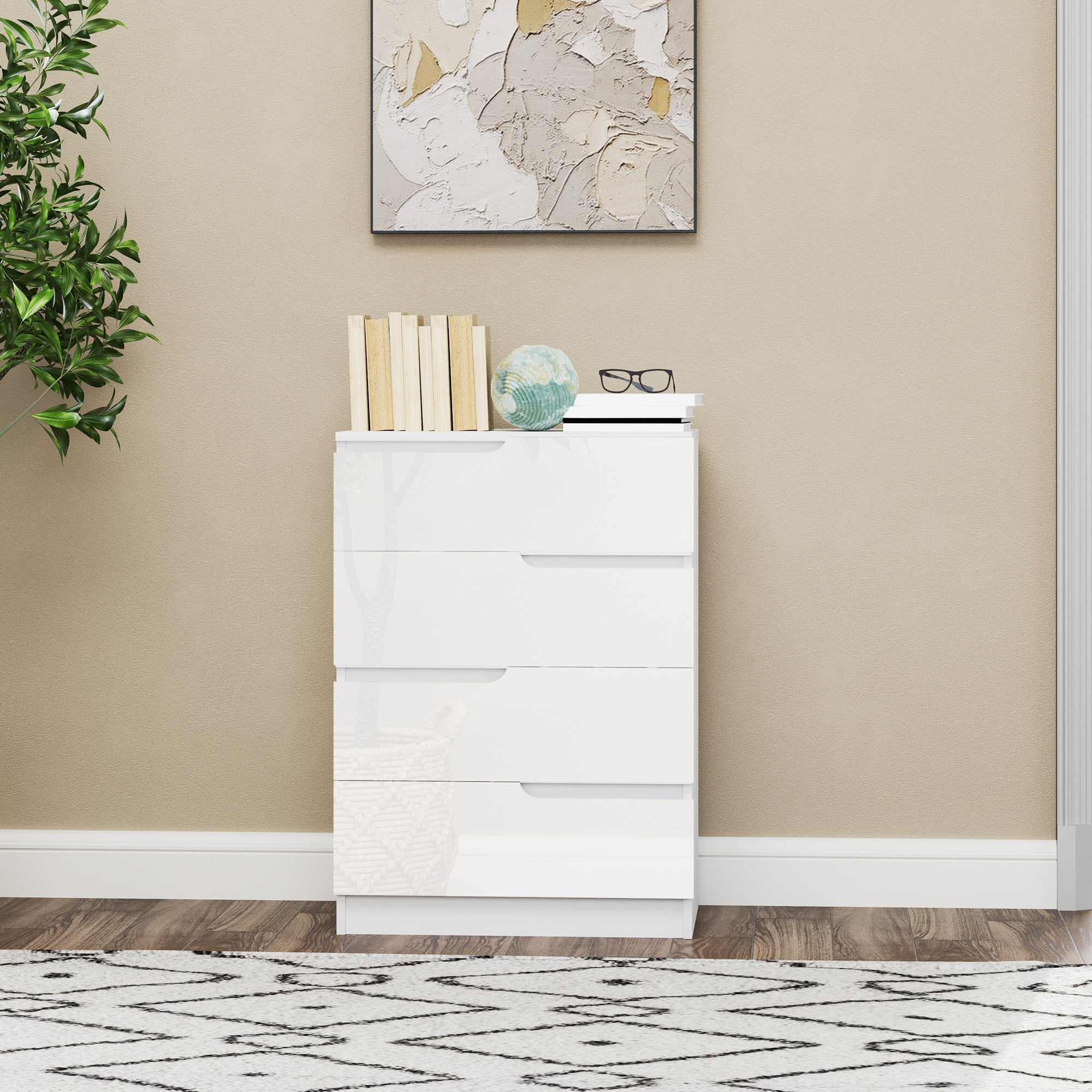 HOMCOM Moderne Kommode, Kleiderschrank, 4 Schubladen, Holz, Kippschutz, Fußpolster, Weiß