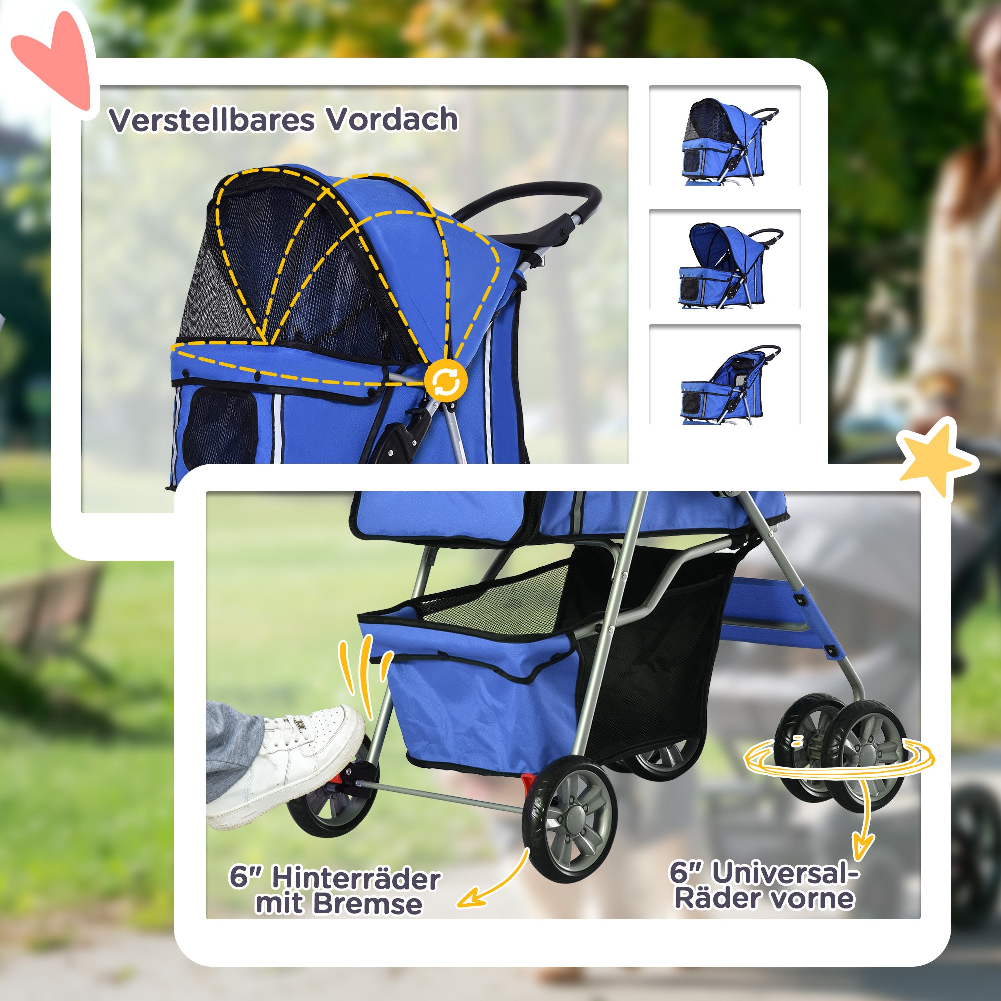 PawHut Hundewagen bis 10kg klappbar verstellbares Vordach 2 Becherhalter Bodenkorb Blau