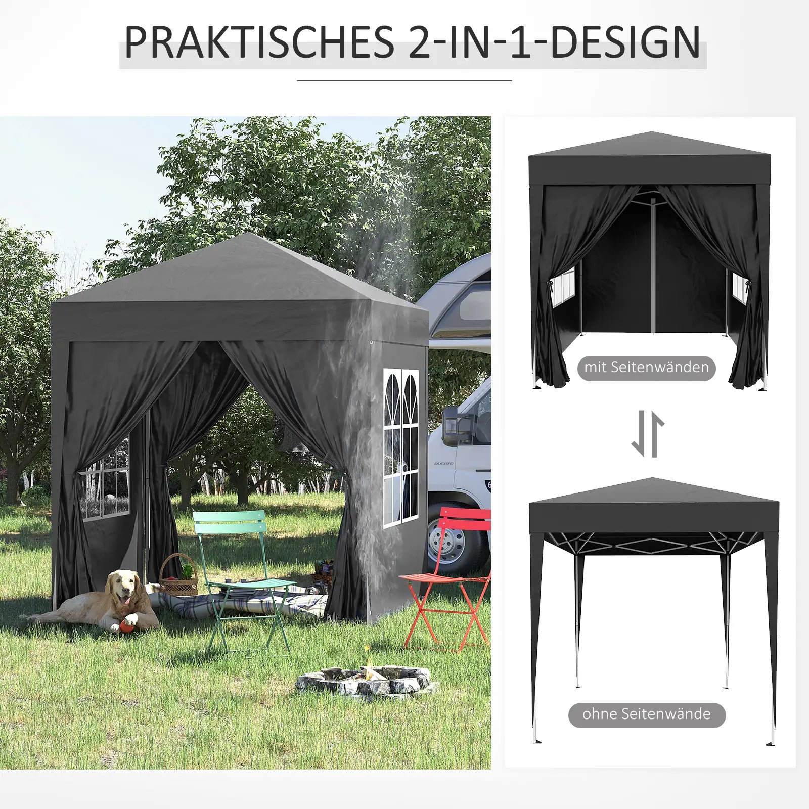 Outsunny Faltpavillon 2x2?m Schwarz mit Seitenwänden