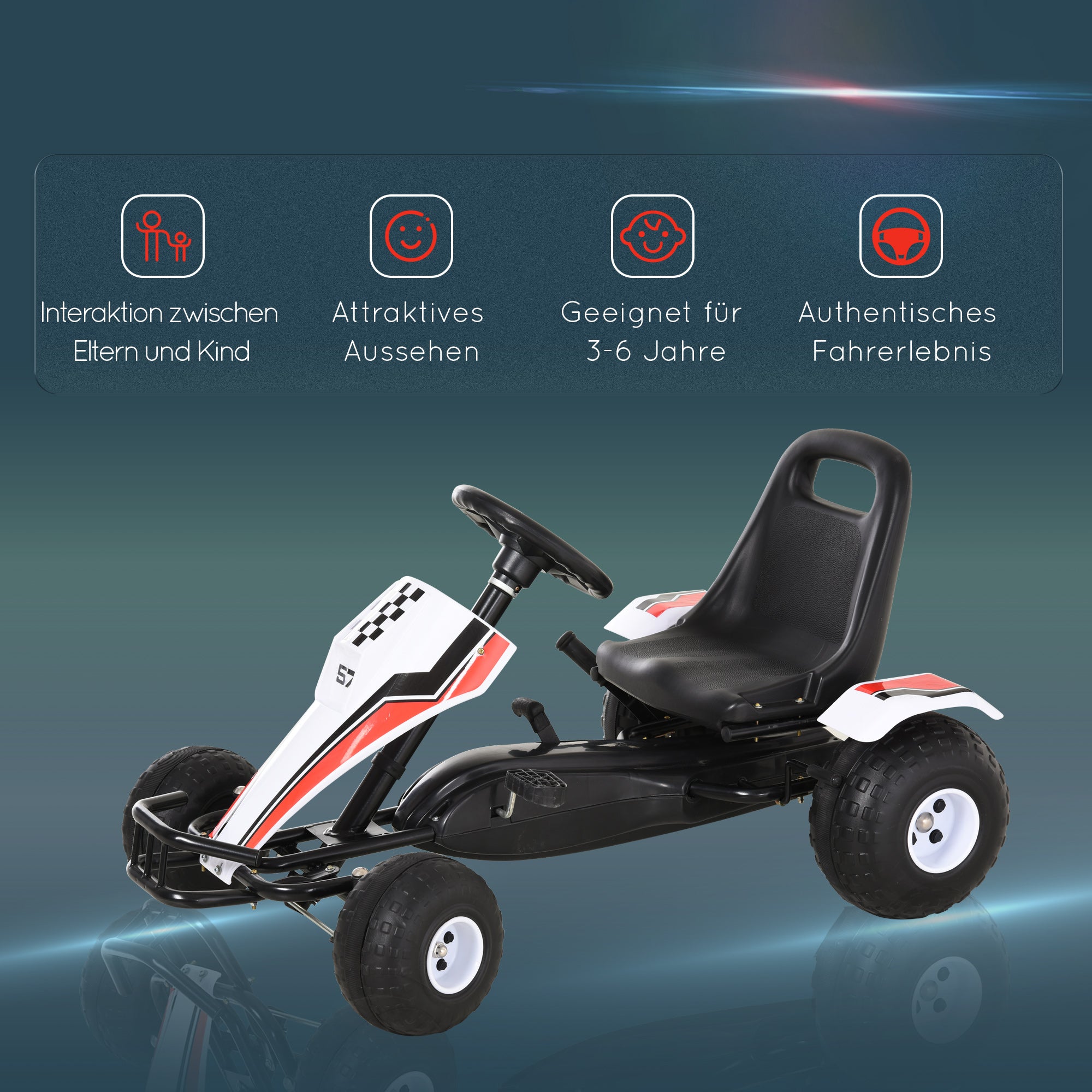HOMCOM Go Kart Kinderfahrzeug Tretauto mit Pedal Bremsen Kinderspielzeug für 3-6 Jahre Stahl Weiß 104 x 66 x 57 cm