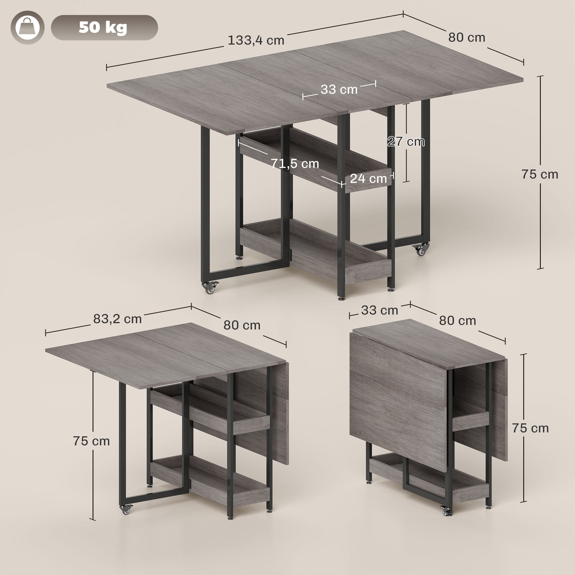 HOMCOM Klappbarer Esstisch im Industriedesign, für bis zu 4 Personen, offene Regale, flexibel, Metall, Spanplatte, Grau