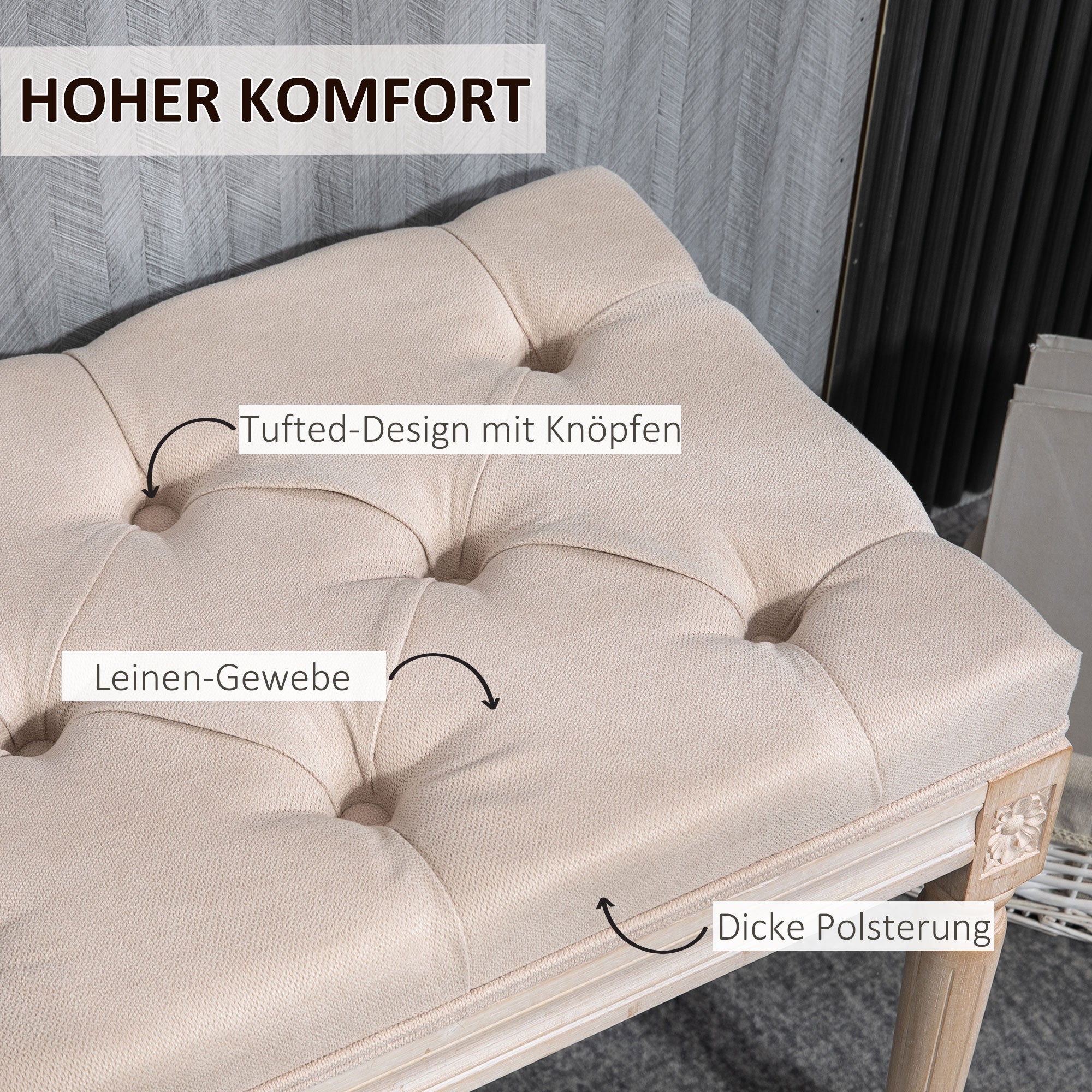 HOMCOM Sitzbank Vintagedesign Vintagebank, Knopfheftung, gedrechselte Beine, Shabby Chic, Creme