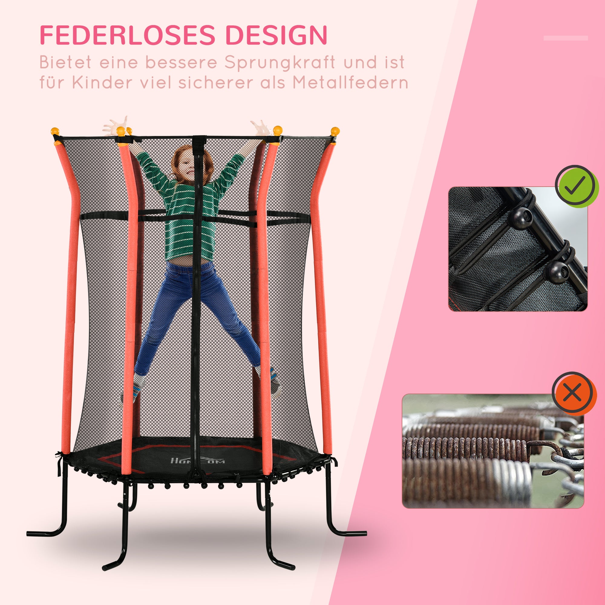 HOMCOM Trampolin für Kinder, Ø163,5 cm, mit Sicherheitsnetz, gepolstert, Stahl, belastbar bis 50 kg, Schwarz & Rot