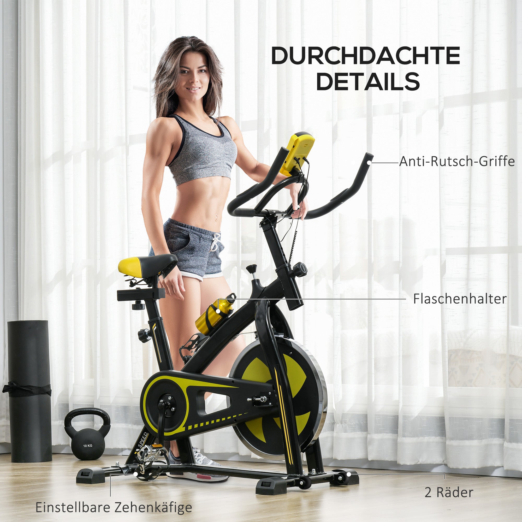 SPORTNOW Heimtrainer, leise, anpassbarer Widerstand, Pulssensor, Monitor, Gelb