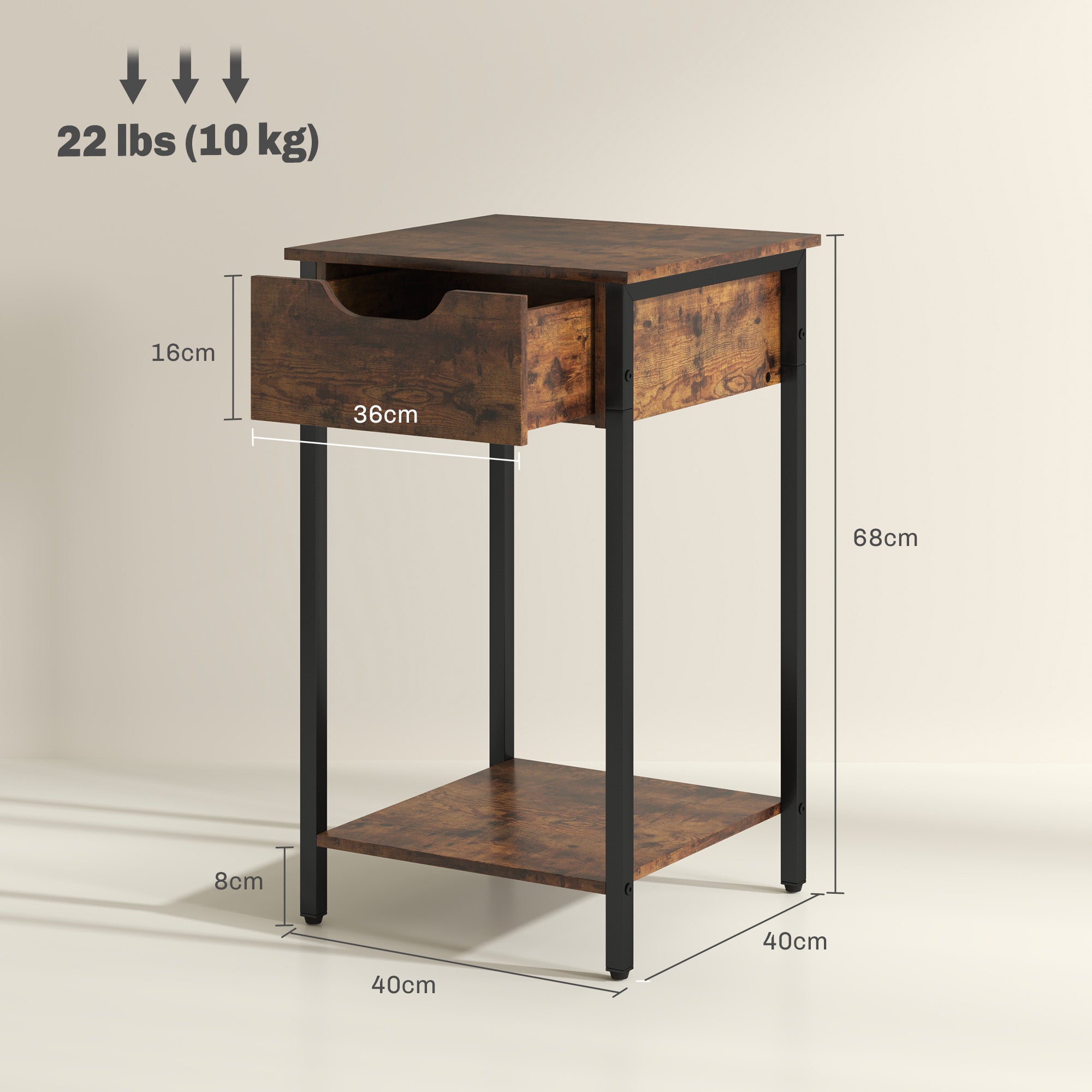 HOMCOM Beistelltisch im Industriestil, Schublade, Ablagefach, Metallrahmen, Holz, 40 x 40 x 68 cm, Braun