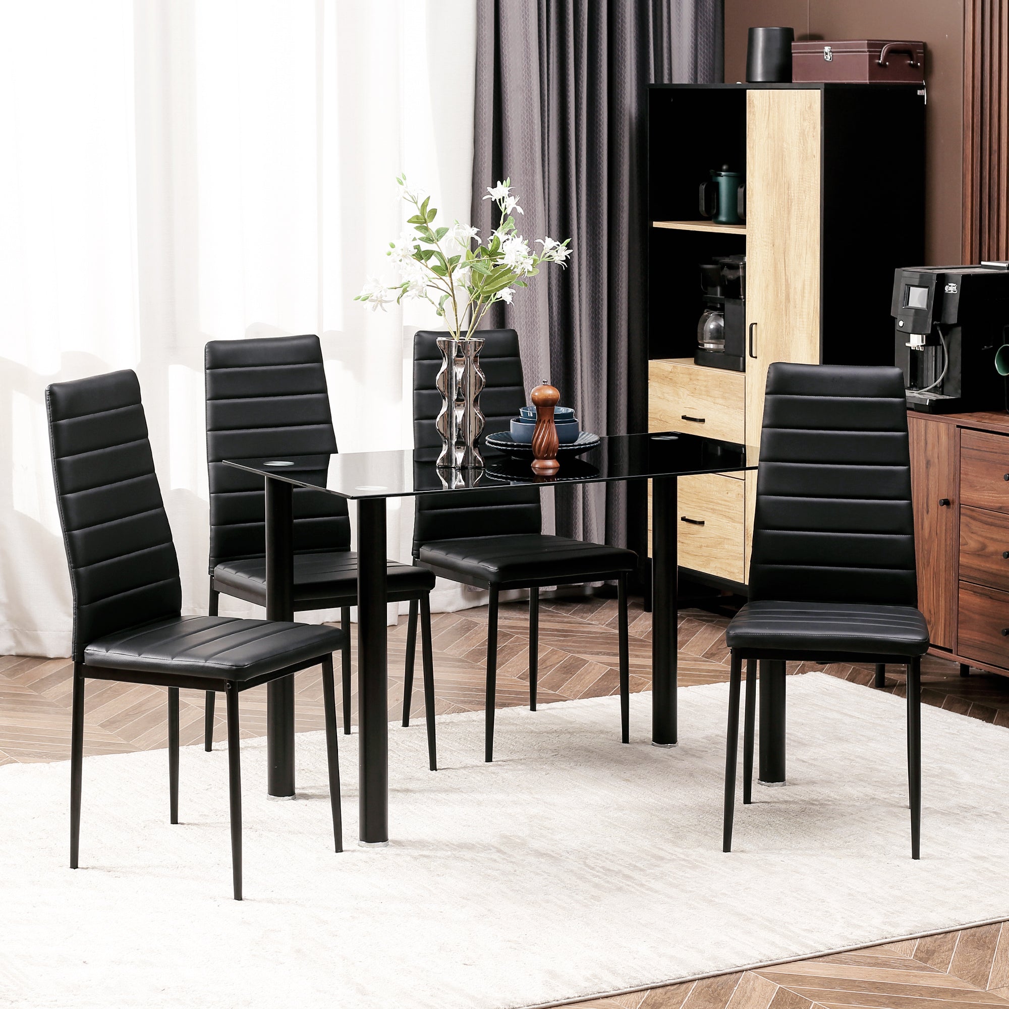 HOMCOM 5-tlg. Essgruppe Sitzgruppe Esstisch mit 4 Stühlen, modernes Design, Glastisch, Schwarz