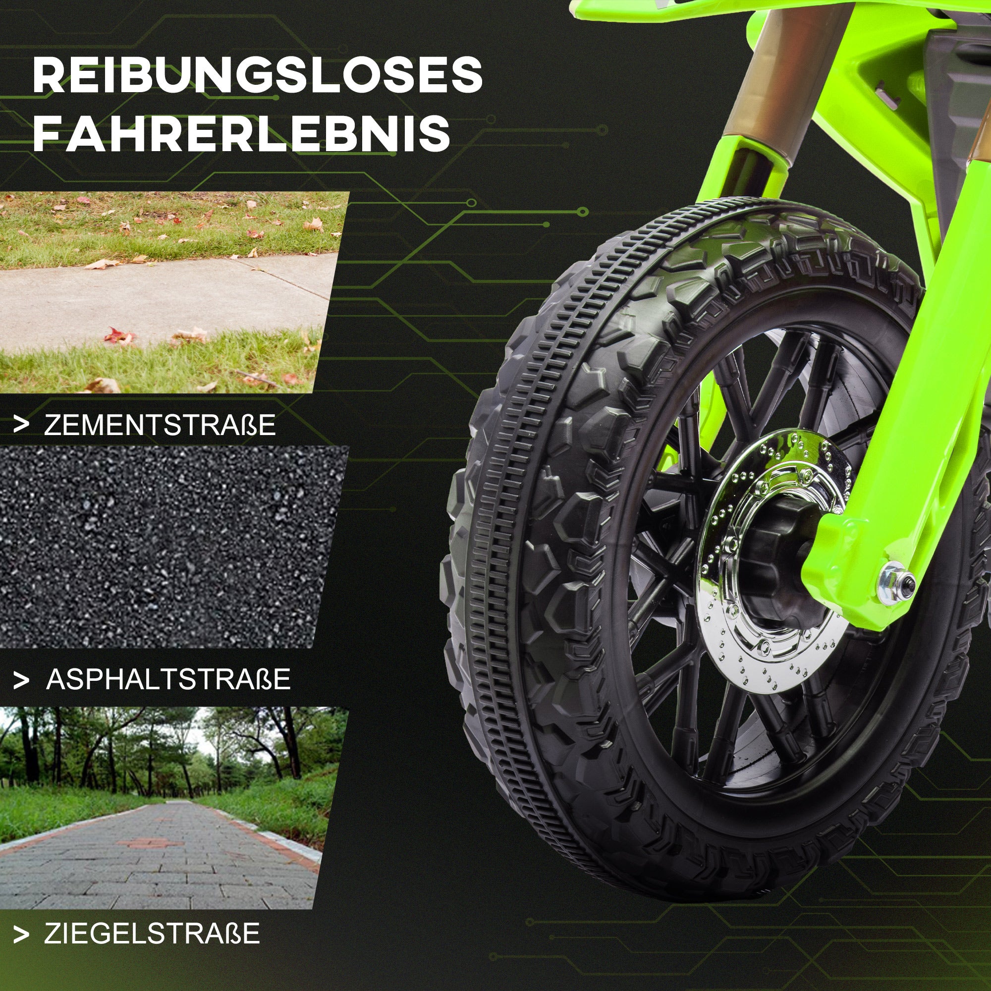 AIYAPLAY Elektro-Motorrad für Kinder, 6V Batterie-Antrieb, Stützräder, Hupe, Startgeräusch, 3-8 Jahre, Grün
