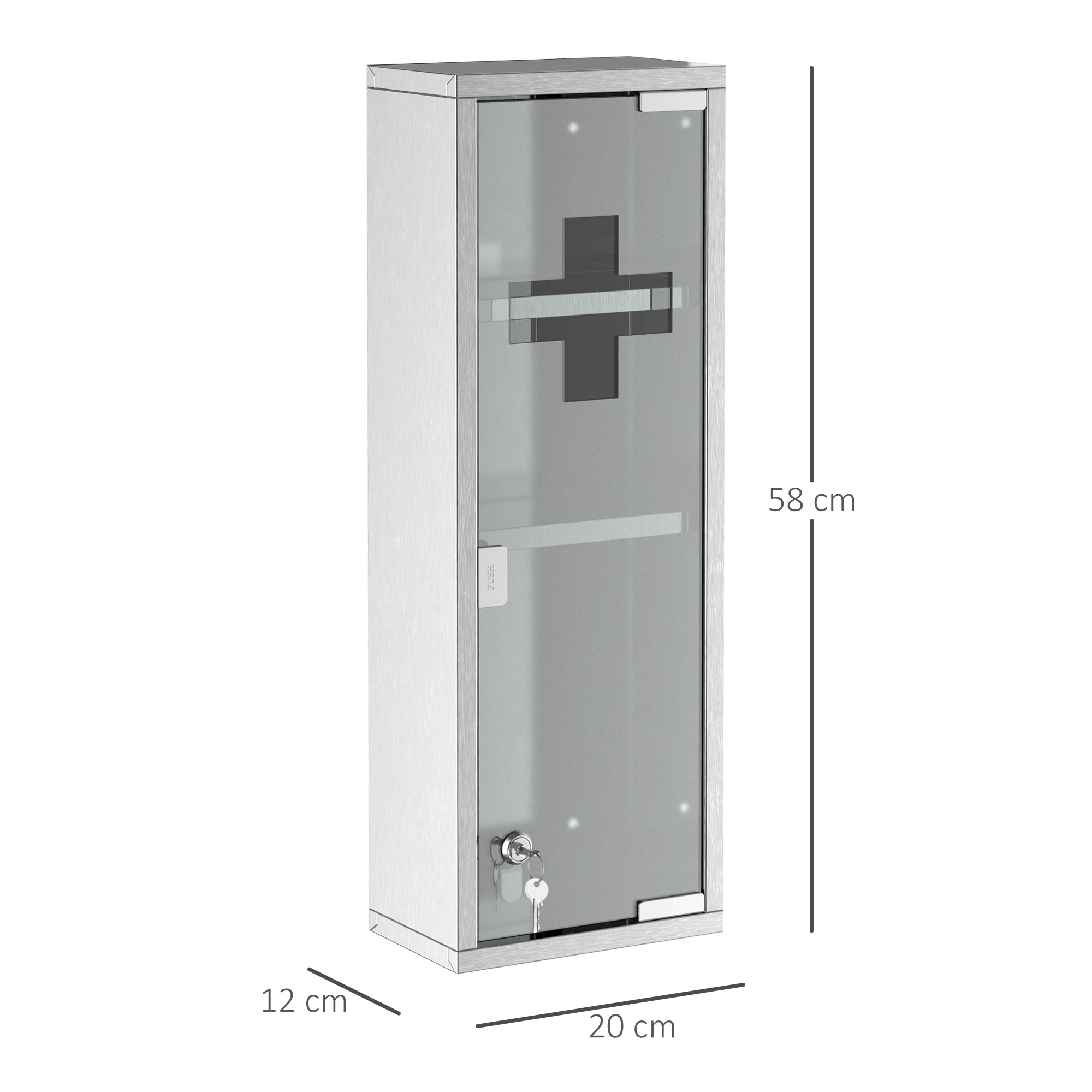kleankin Medizinschrank aus Edelstahl und gehärtete Glastür Arzneischrank zur Medikamenten-Aufbewahrung, Abschließbar Medikamentenschrank mit 3 Fächern, Erste Hilfe Schrank, 20 x 12 x 58 cm, Silber