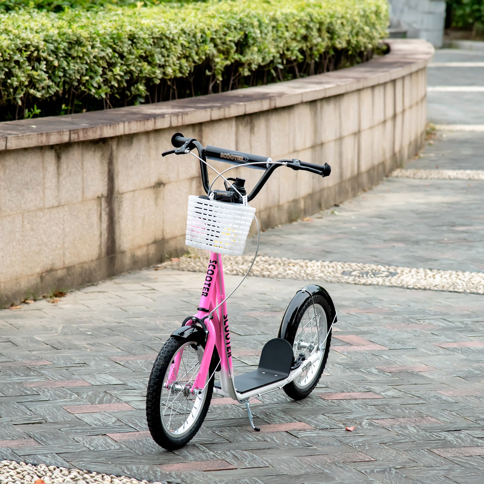 HOMCOM Kinderroller Tretroller mit Bremse, inkl. Korb, höhenverstellbar, für Kinder von 5 bis 12 Jahren, Weiß + Pink