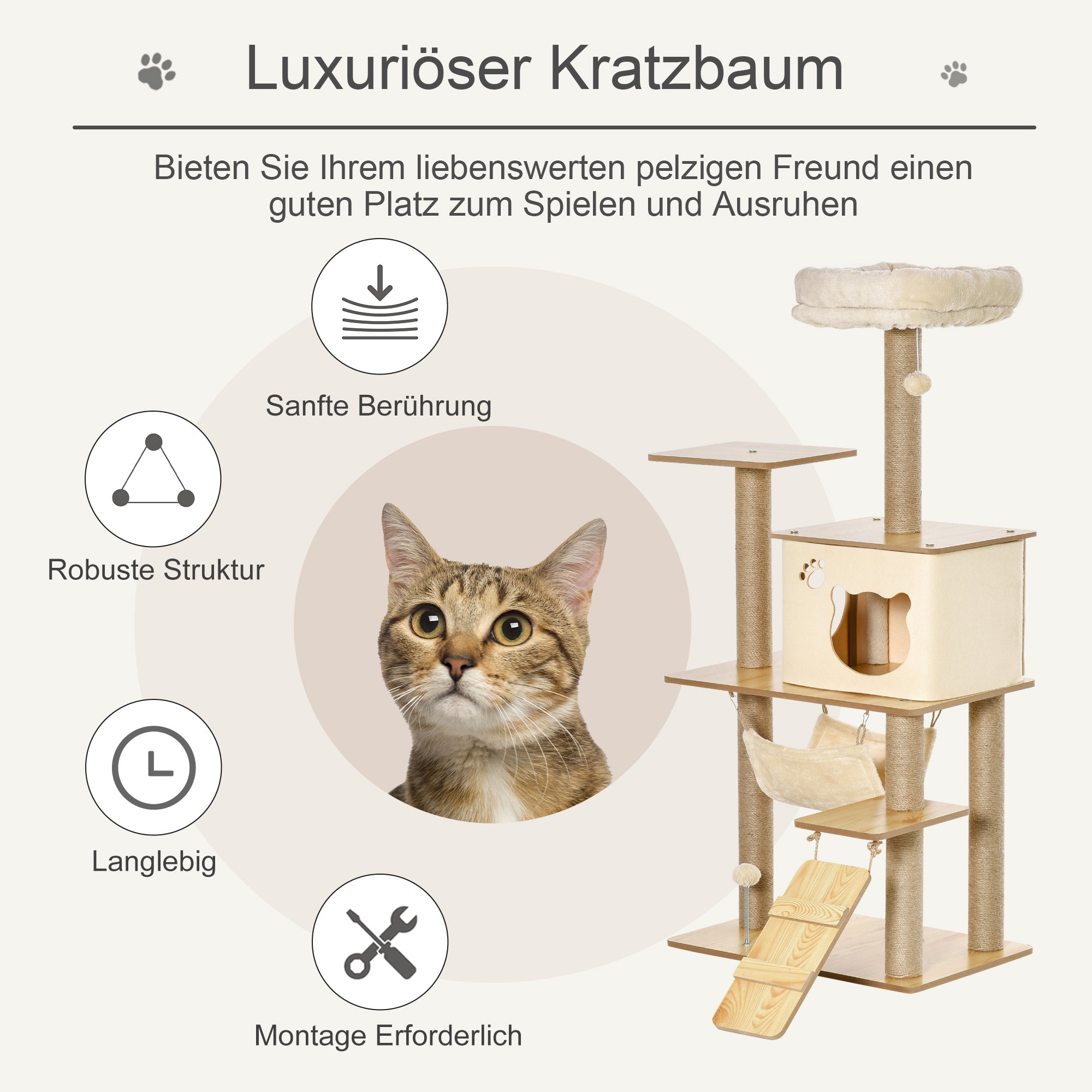 PawHut Kratzbaum Katzenbaum für Katzen Kletterbaum aus Holz mit Katzenhöhle Jutestämmen großer Plattform Spielbälle 130 cm Höhe stabil Plüsch Gelb 60 x 40 x 130 cm