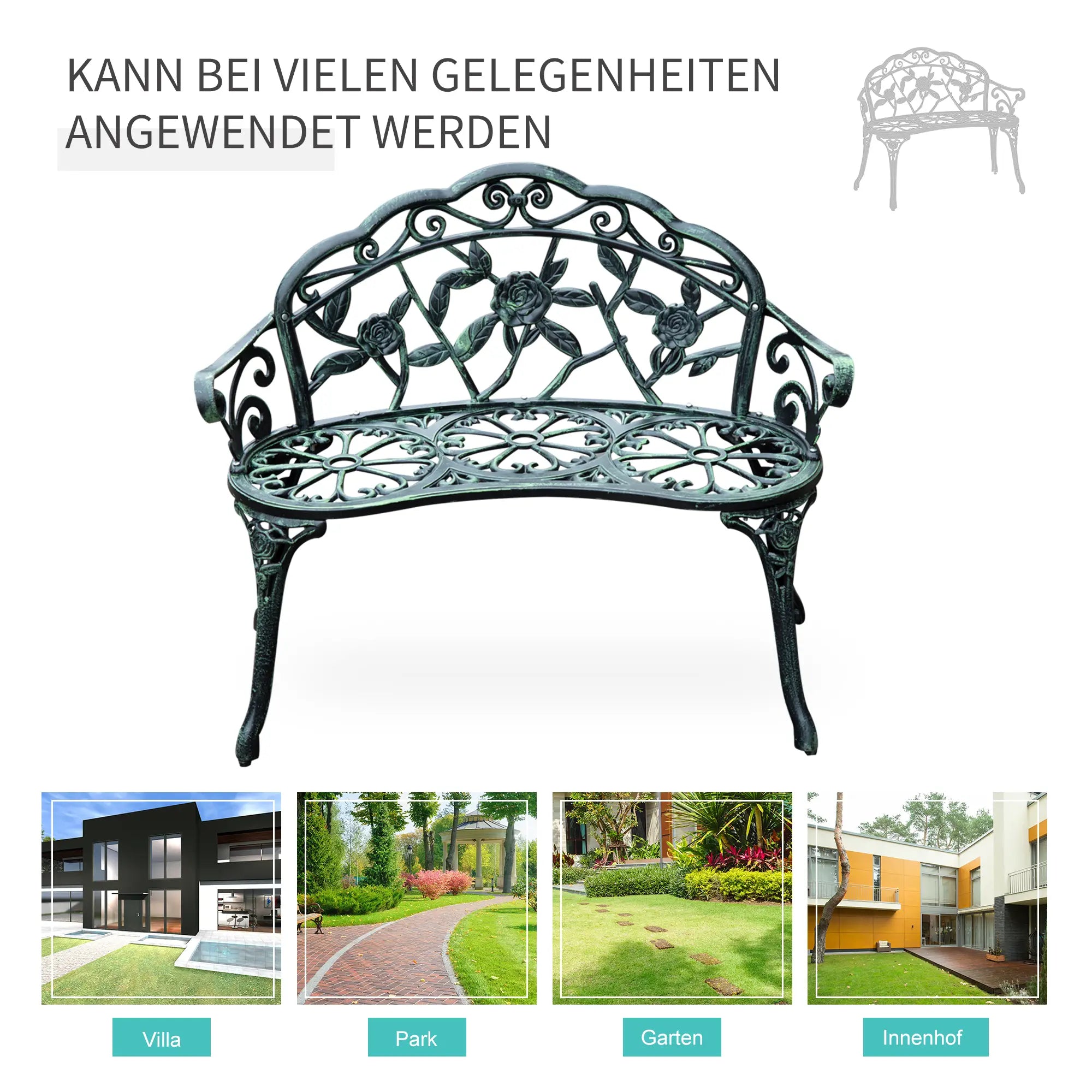 Outsunny Gartenbank 2-Sitzer Blumenmuster Gussaluminium Antik Grün