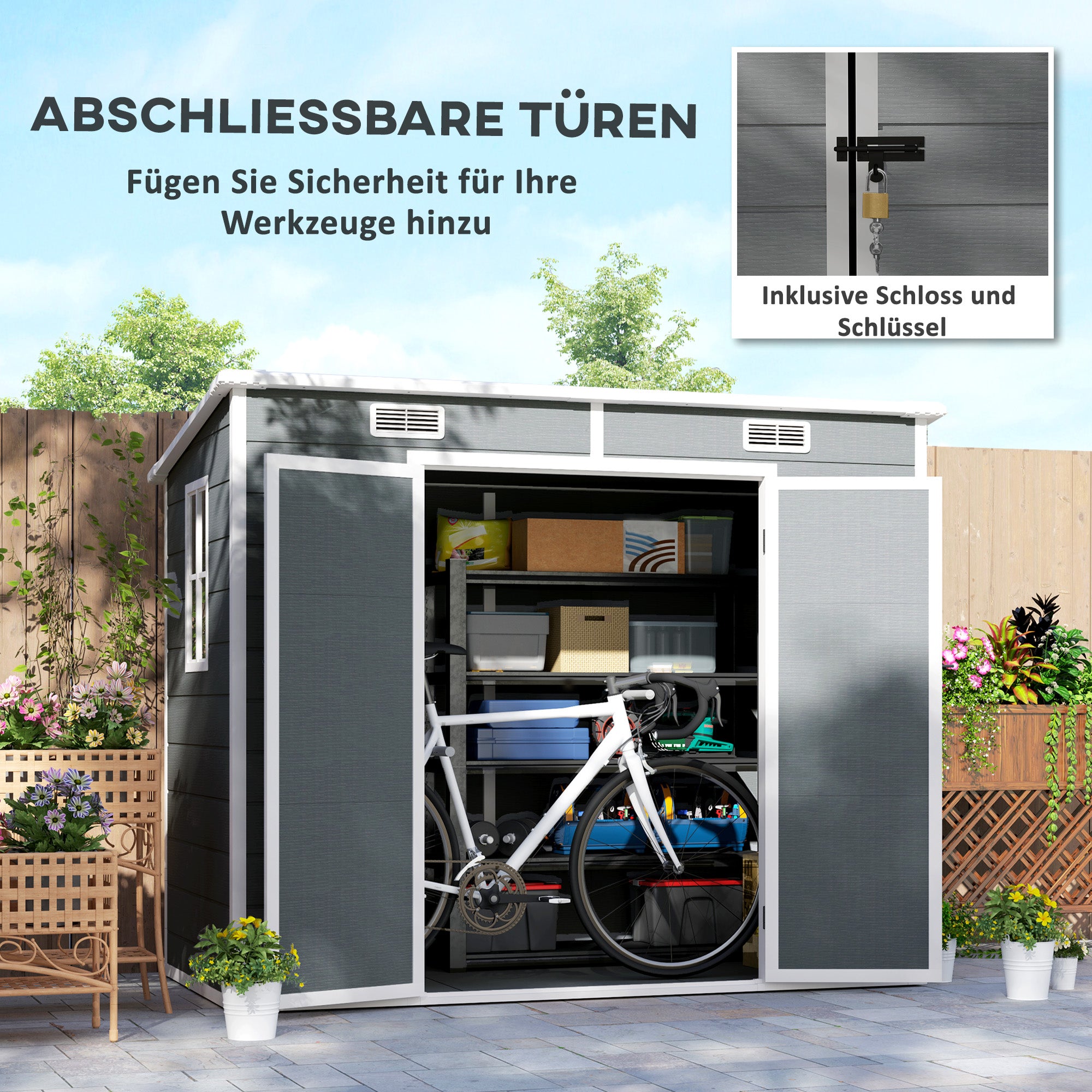 Outsunny 2,4 x 1,3 m Gartenschuppen, Kunststoff-Gartenhaus mit Boden, Fenster, verschließbare Türen, für Garten, Terrasse, Grau