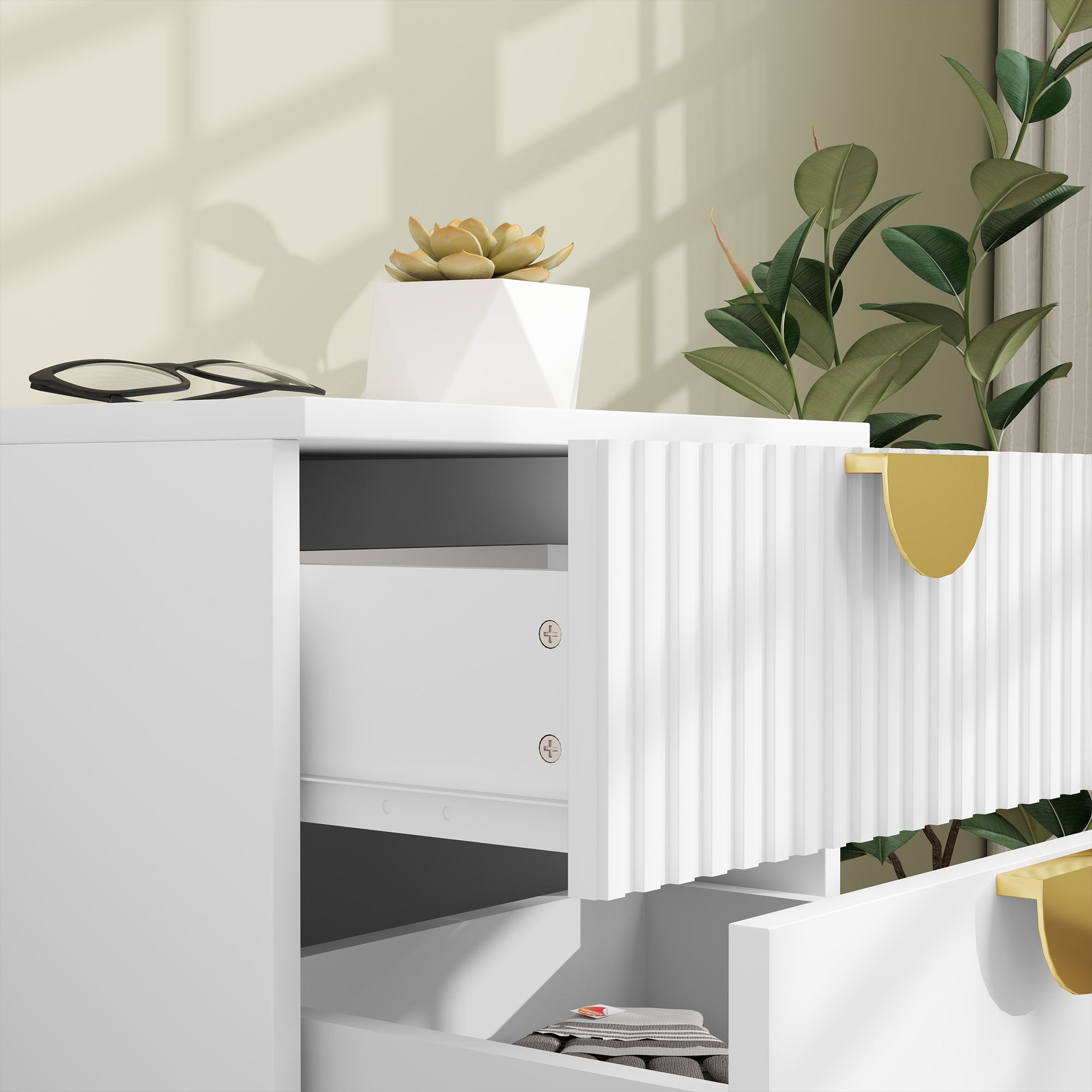 HOMCOM Nachttisch mit 2 Schubladen, elegante Metallgriffe in Gold, 40 x 40 x 50 cm, Weiß