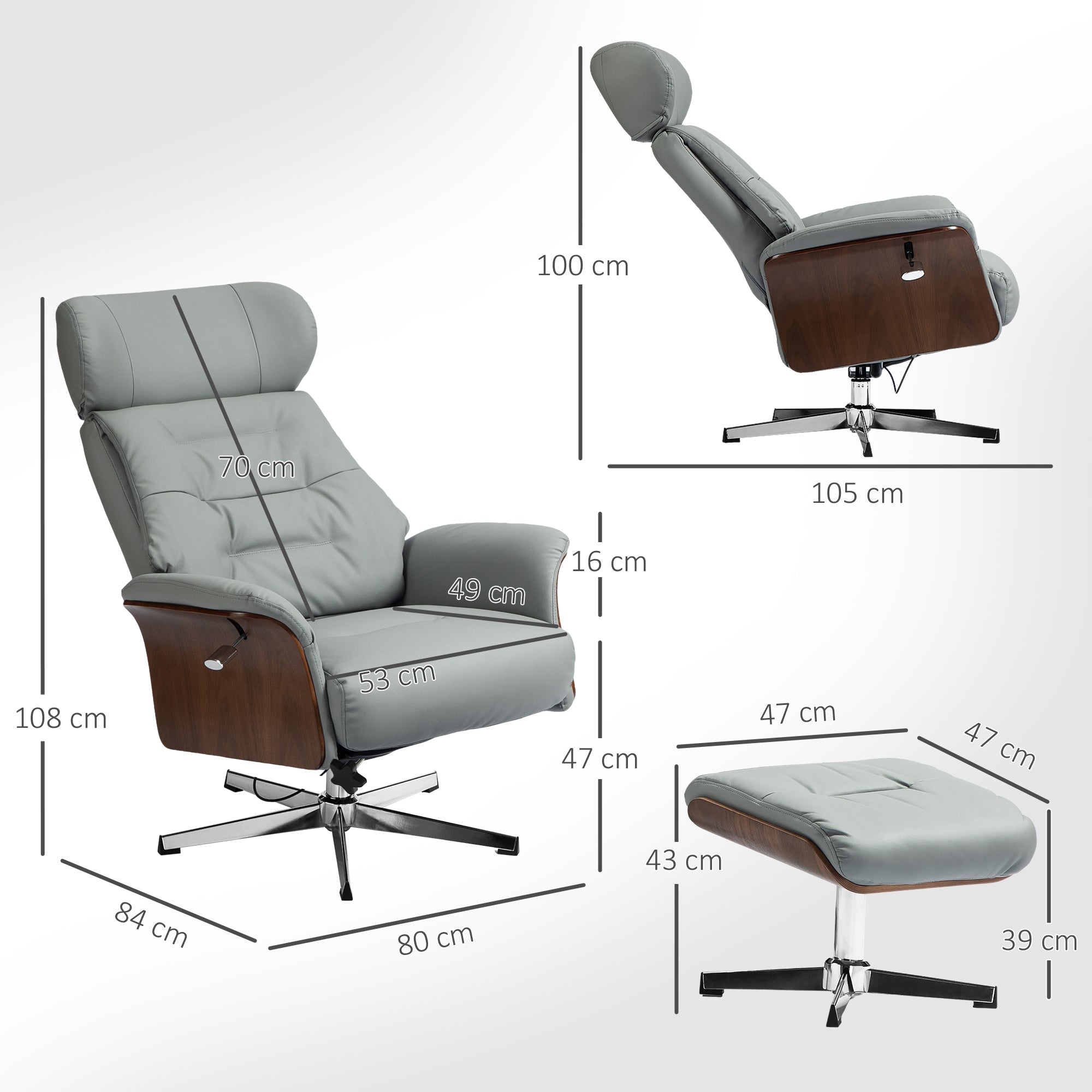 HOMCOM Relaxsessel mit Hocker, Liegefunktion, drehbar, Lederoptik, bis 150 kg, Hellgrau