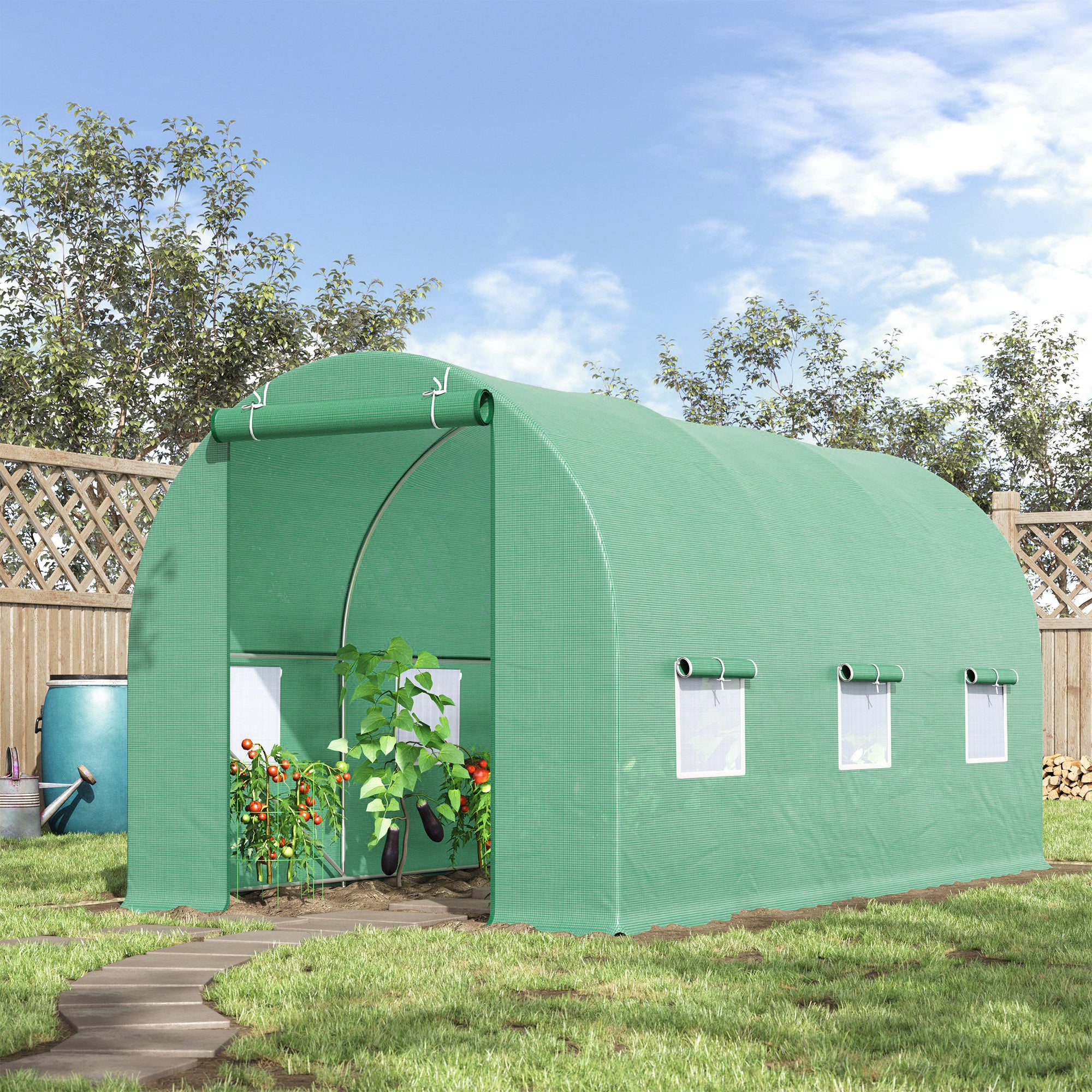 Outsunny Gewächshaus 445x190x200cm Foliengewächshaus Tomatenhaus Tür mit Moskitonetz, Fenster, Folientunnel aus verzinktem Stahl, stabiles Pflanztunnel, Treibhaus inkl. Erdanker Seilen, Grün