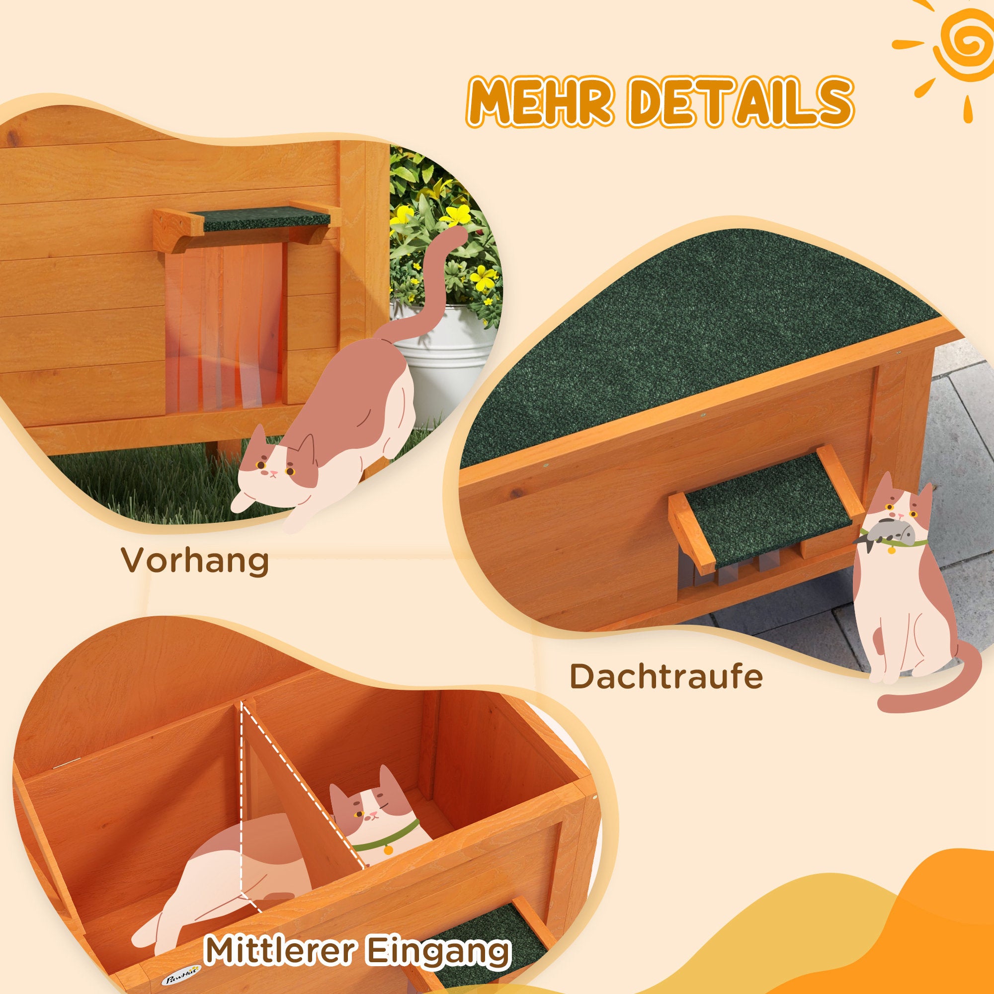 PawHut Katzenhaus Outdoor-Katzenhaus Katzenhütte, wetterbeständig, 1 Fenster, 1 Eingang, 85 x 50 x 68,5 cm, Orange+Grün